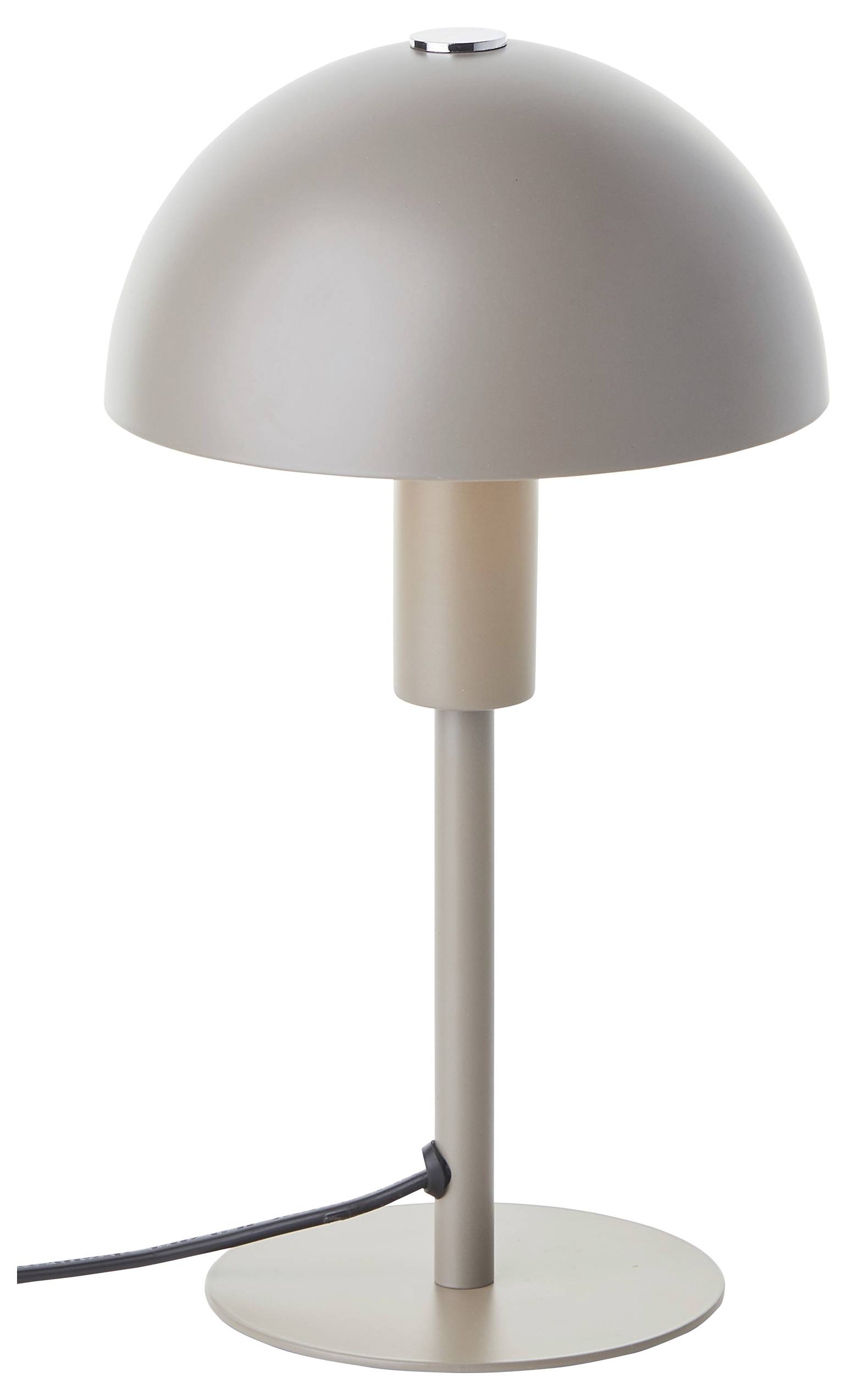 Eine moderne, beige Tischlampe mit einem kuppelförmigen Lampenschirm, einem zylindrischen Ständer und einer runden Basis, die durch ein schwarzes Netzkabel verbunden sind.