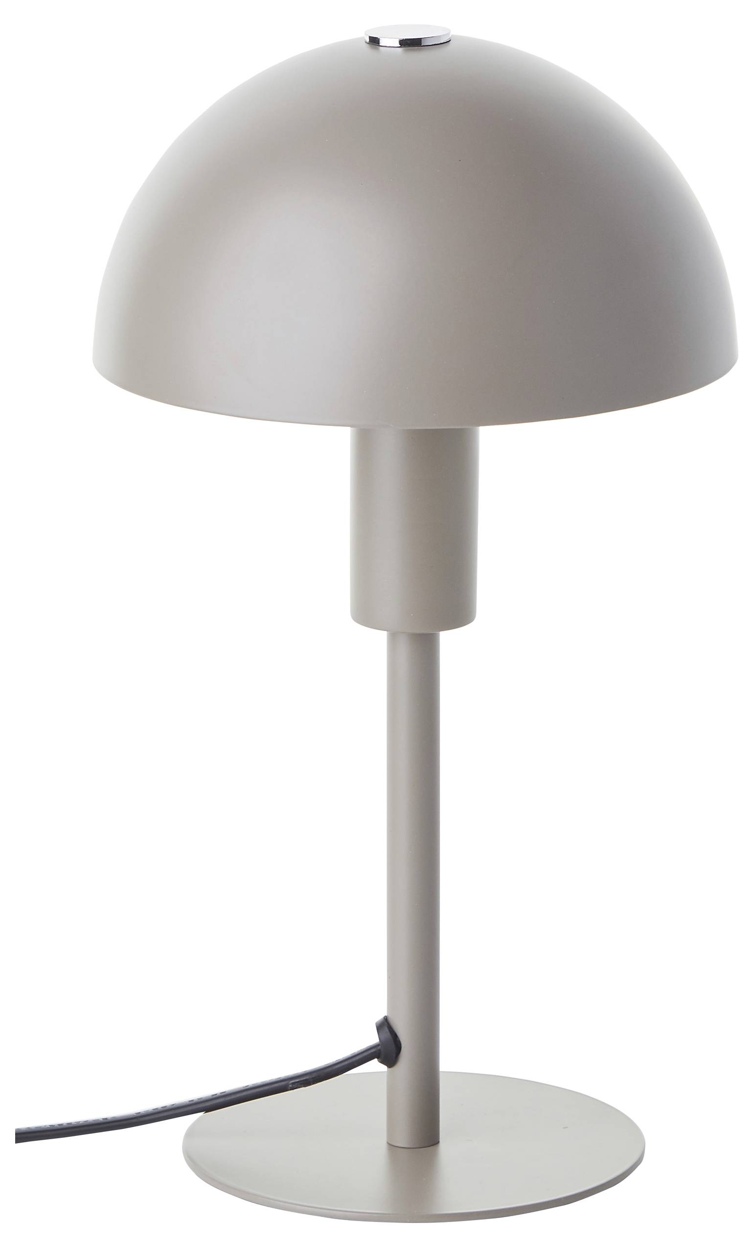 Eine schlanke, moderne Tischlampe mit einem kuppelförmigen Lampenschirm, neutraler Farbgebung und sichtbarem Stromkabel, die auf einer kreisförmigen Basis steht.