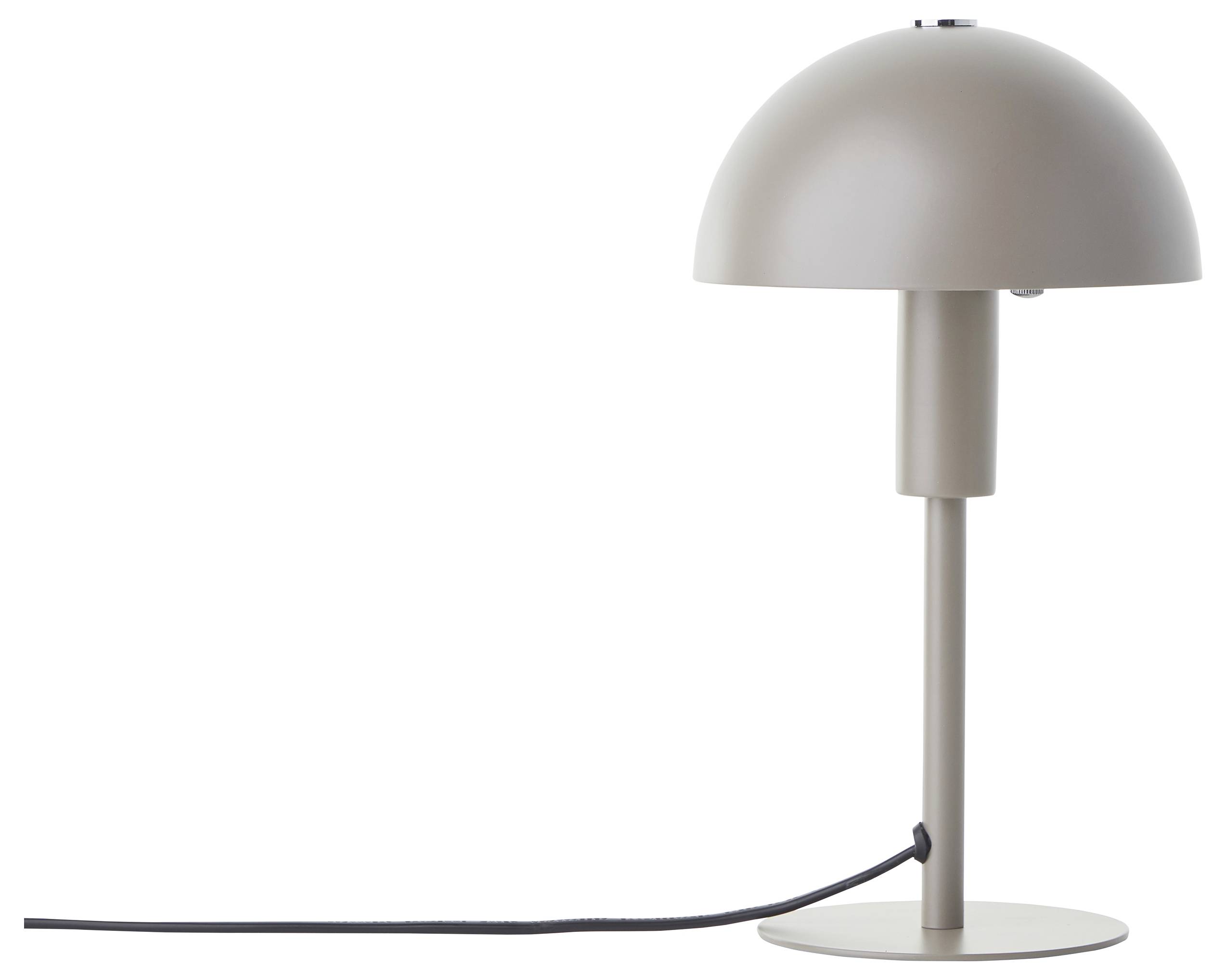 Eine moderne beige Tischlampe mit einem kuppelförmigen Lampenschirm und einem langen schwarzen Kabel, das von der Basis ausgeht.
