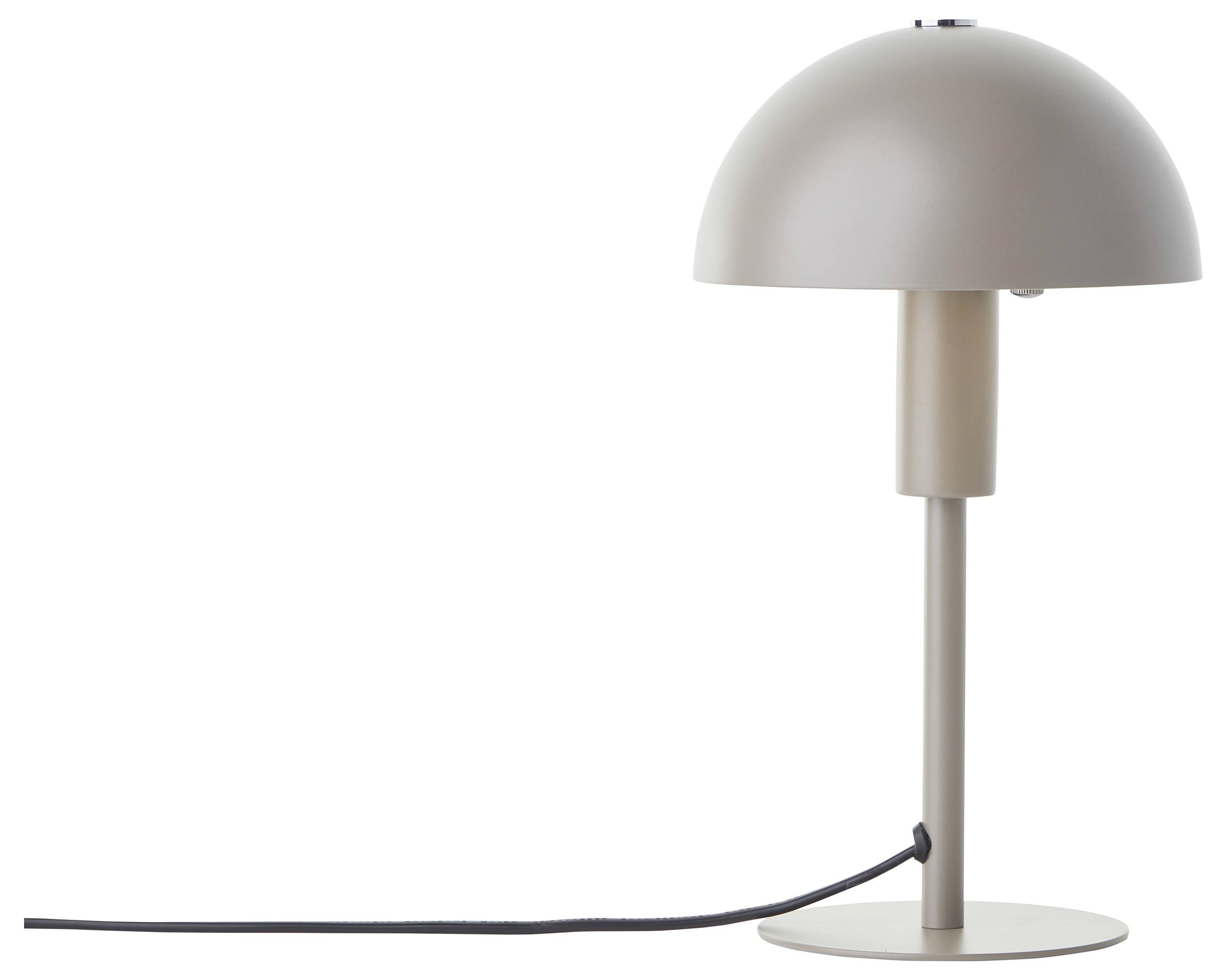 Eine moderne, beige Tischlampe mit einem kuppelförmigen Lampenschirm und einem schwarzen Netzkabel, das von der Basis ausgeht.