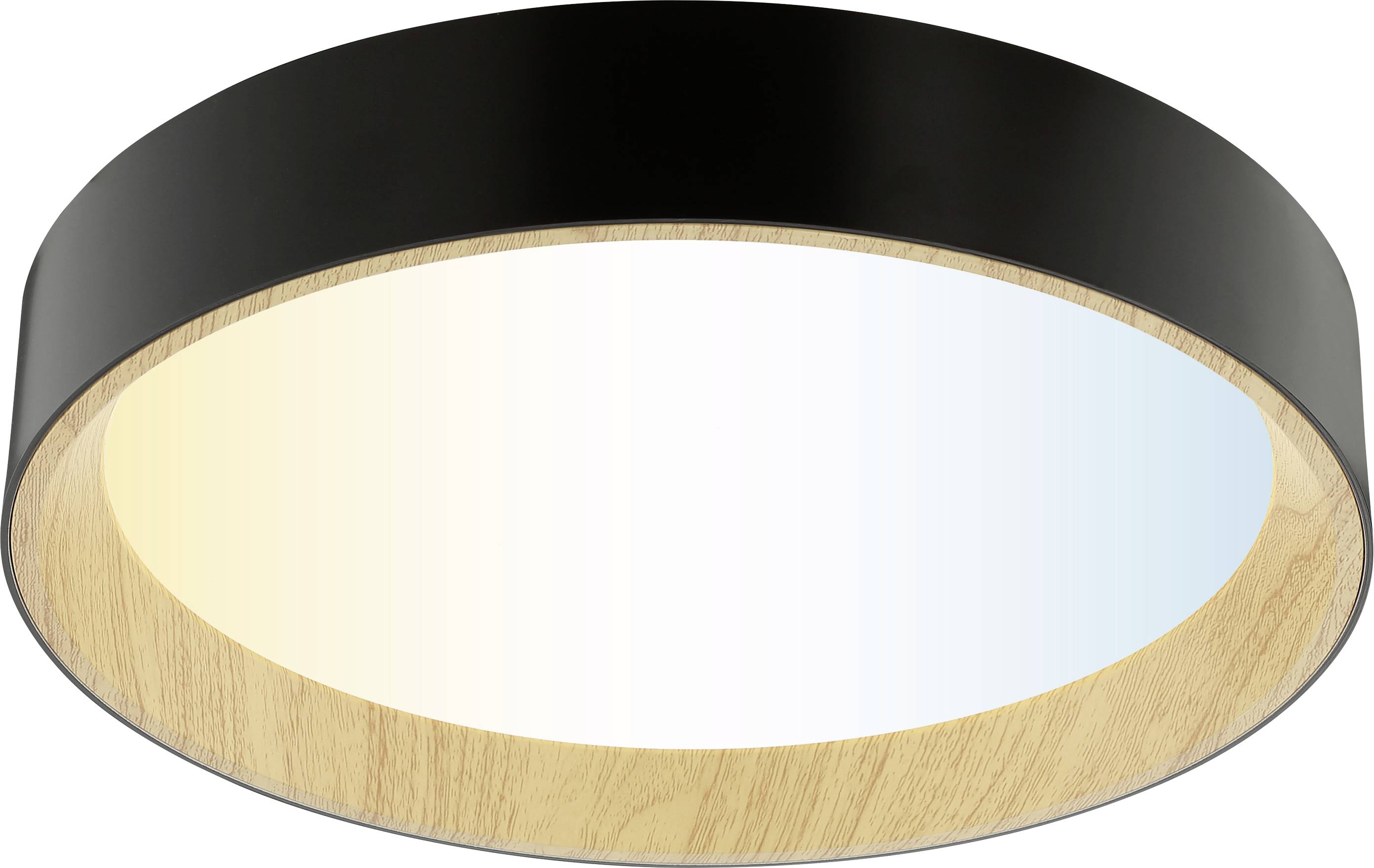 Deckenleuchte mit kreisförmigem schwarzem Außenrand und holzstrukturierter Innenseite, die warmes und kühles weißes Licht ausstrahlt.