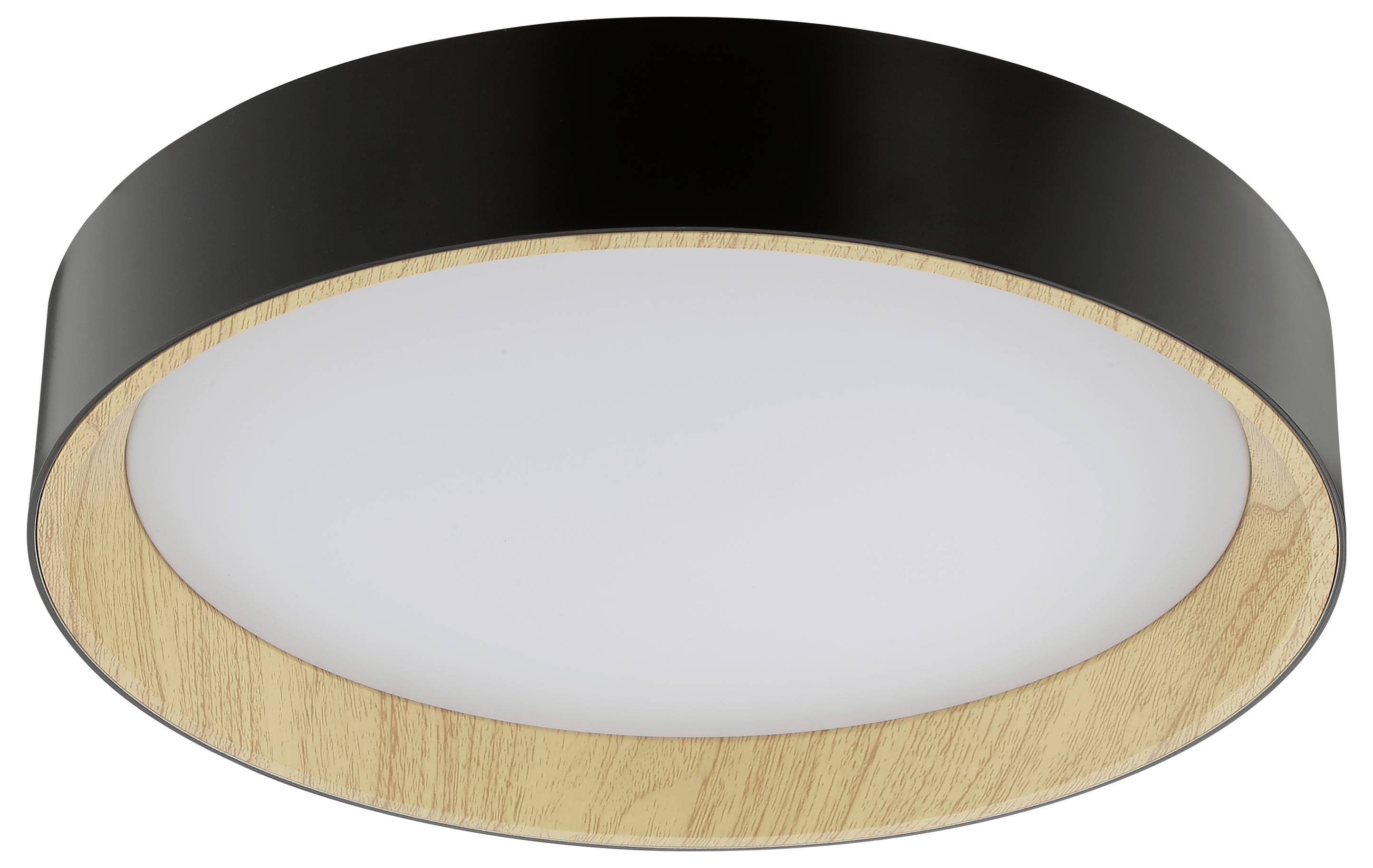 Eine runde Deckenleuchte mit einem schwarzen Außenrahmen und einem holzmaserungstexturen Innenring, die weiches, weißes Licht ausstrahlt.