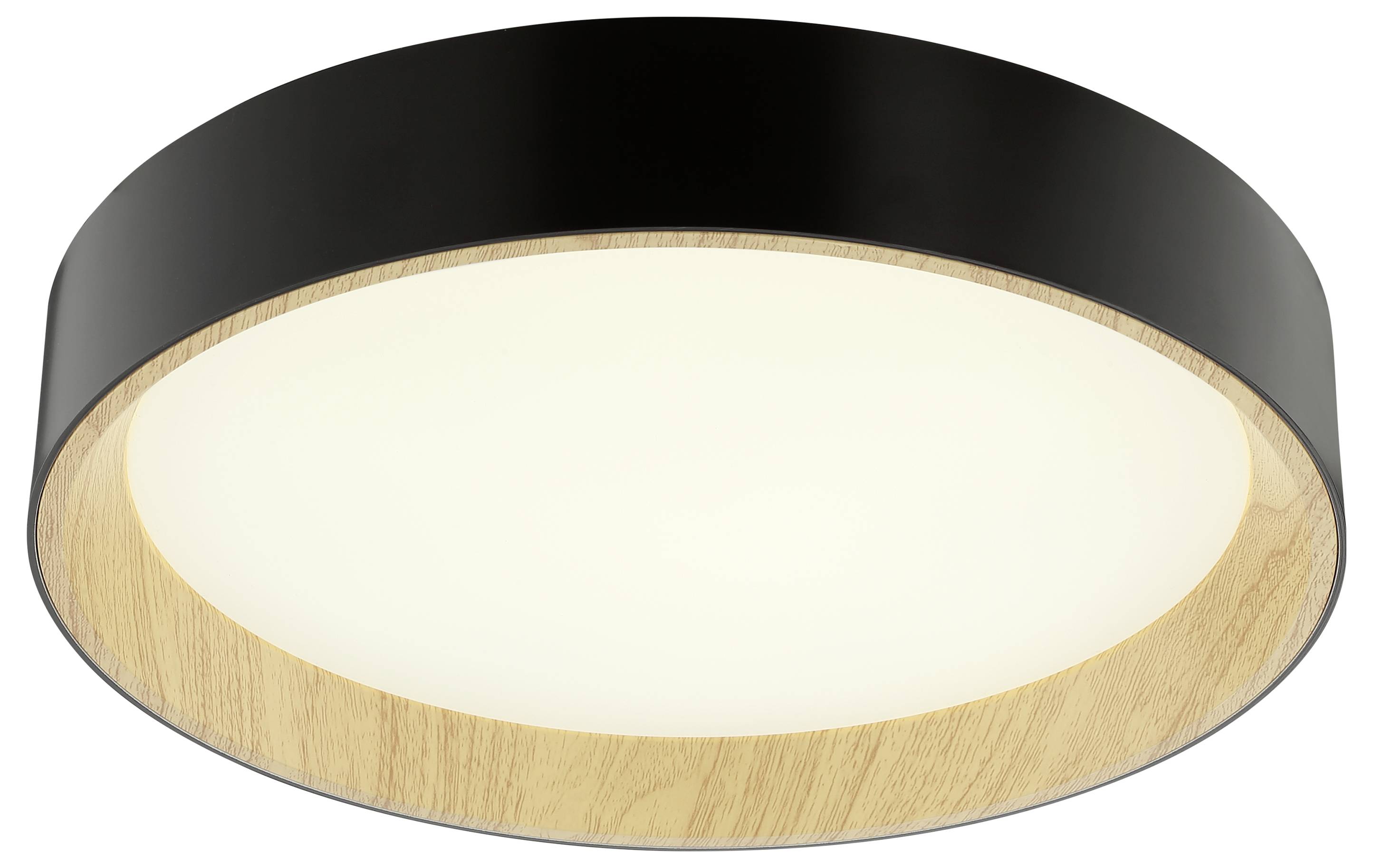 Eine runde Deckenleuchte mit einem schwarzen äußeren Rand und einer Holzinnenkante, die ein helles, gleichmäßiges Licht ausstrahlt und sich perfekt für moderne Innenräume eignet.