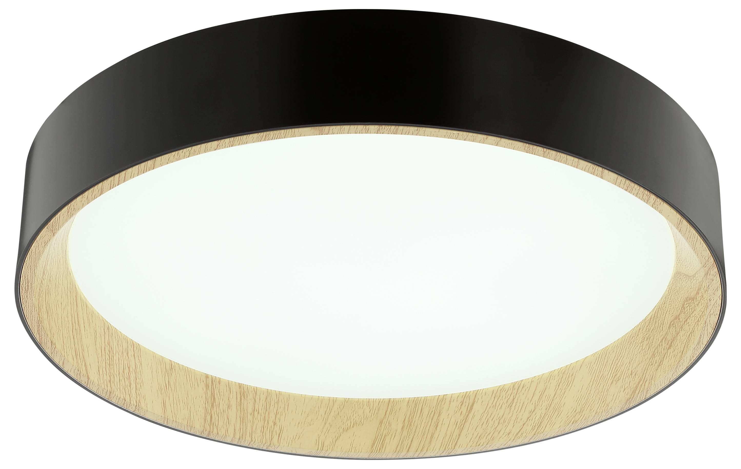Eine runde Deckenleuchte mit schwarzem Außenrand und hellen Holzakzenten. Der Diffuser strahlt ein weiches, gleichmäßiges Licht aus, ideal für moderne Einrichtung.