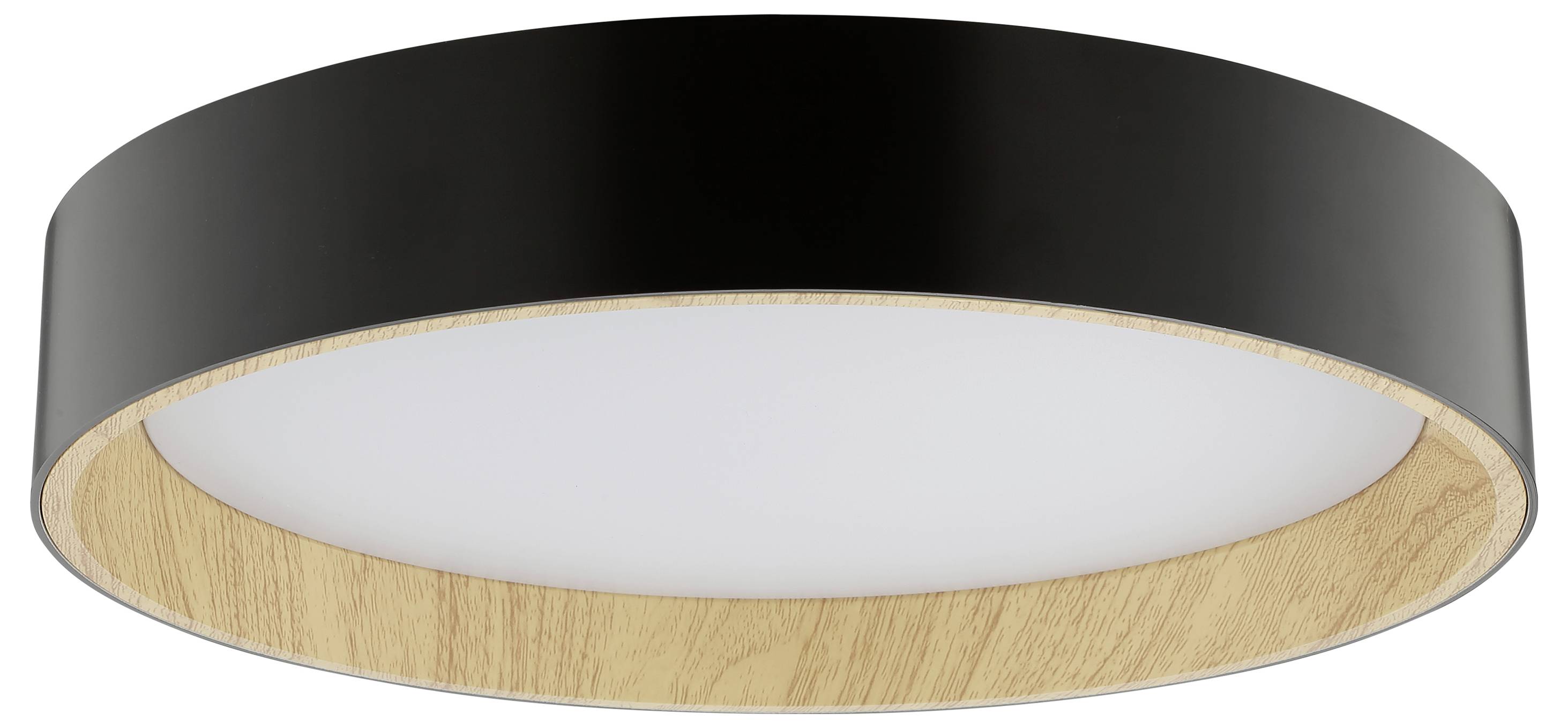 Eine runde Deckenleuchte mit schwarzem Äußeren und einer holzstrukturierten Innenrandeinfassung, versehen mit einer weißen lichtdiffundierenden Abdeckung.