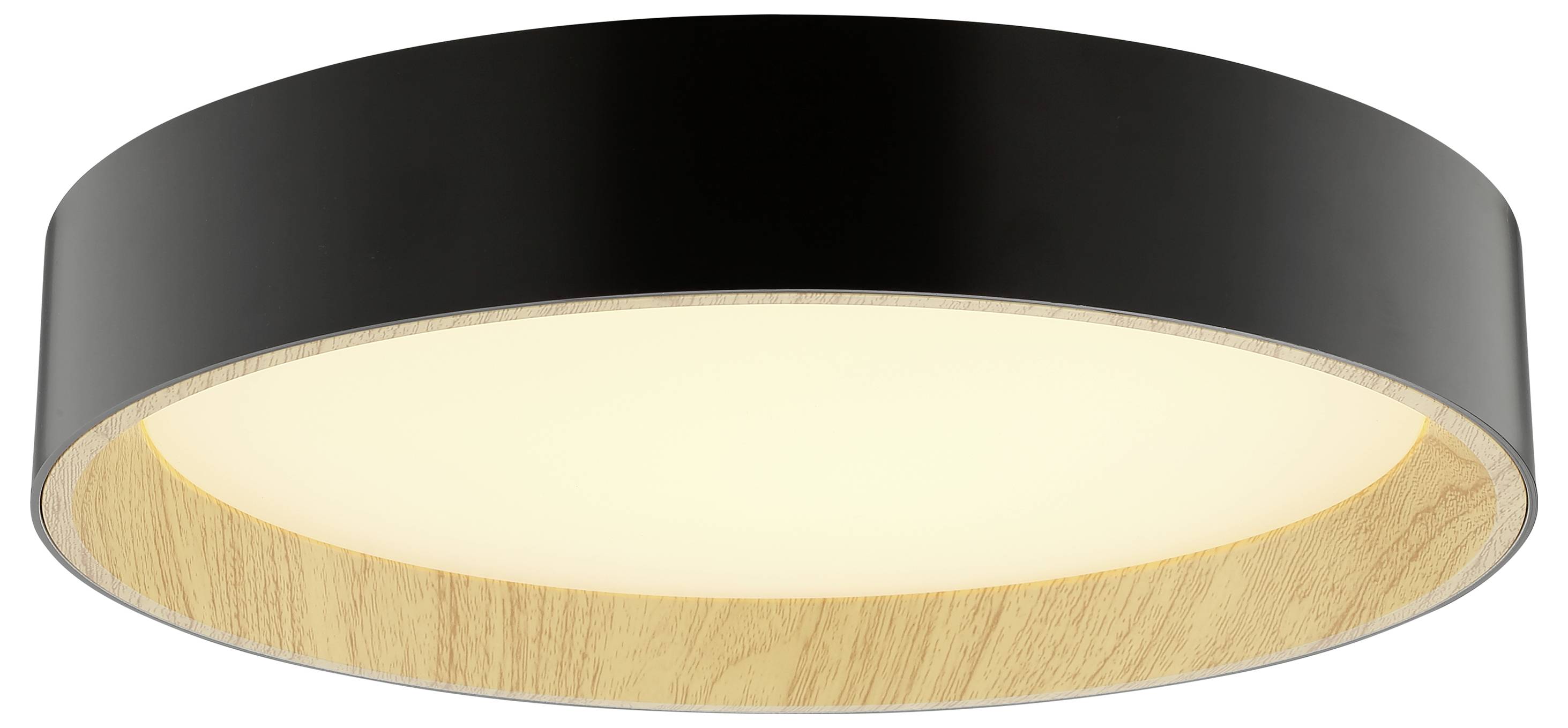 Eine runde, schwarze Deckenleuchte mit warmem Schein. Die Innenkante weist eine holzartige Oberfläche auf und verleiht dem Design einen modernen Touch.