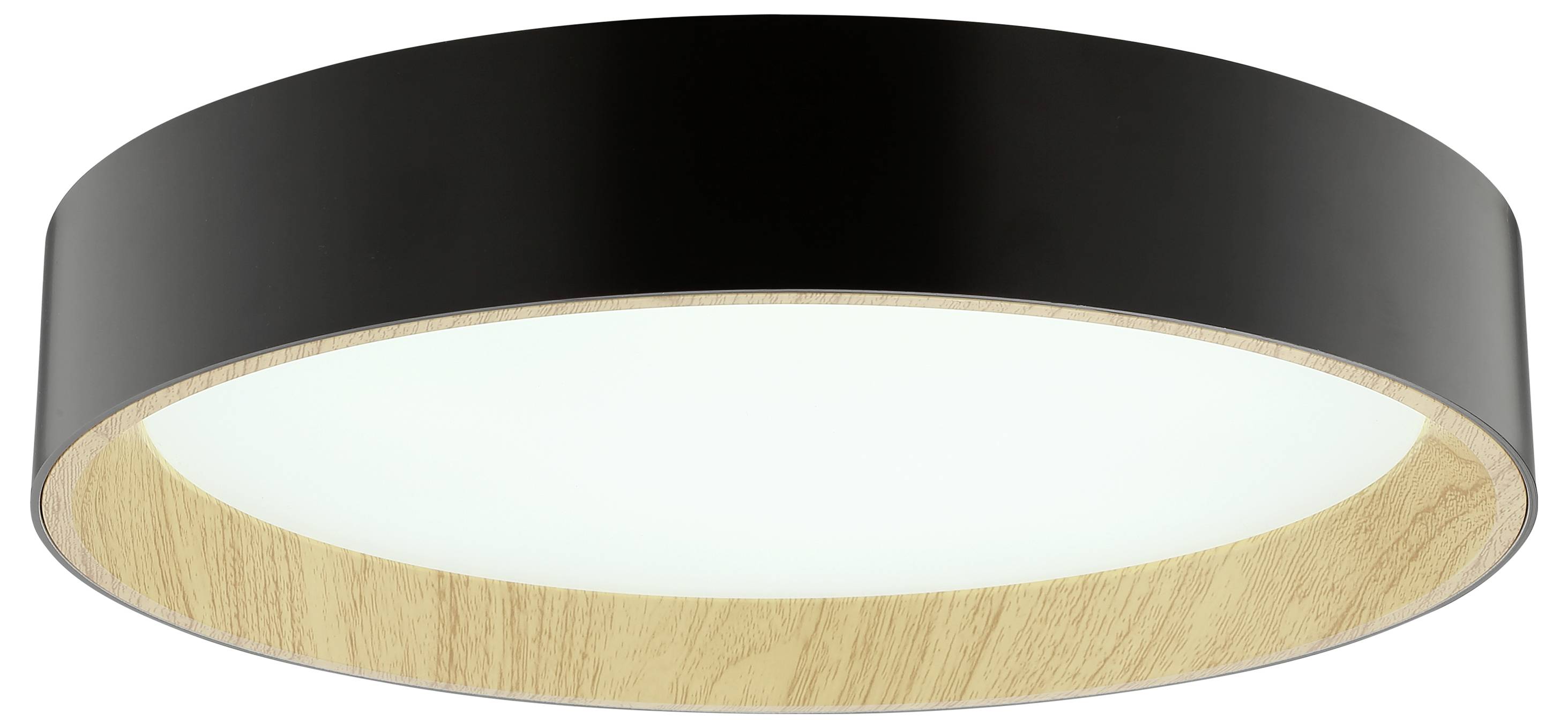 Eine runde Deckenleuchte mit einem schwarzen äußeren Rand und einer holzmaserungstexturierten inneren Kante, die eine breite, leuchtende zentrale Fläche aufweist.