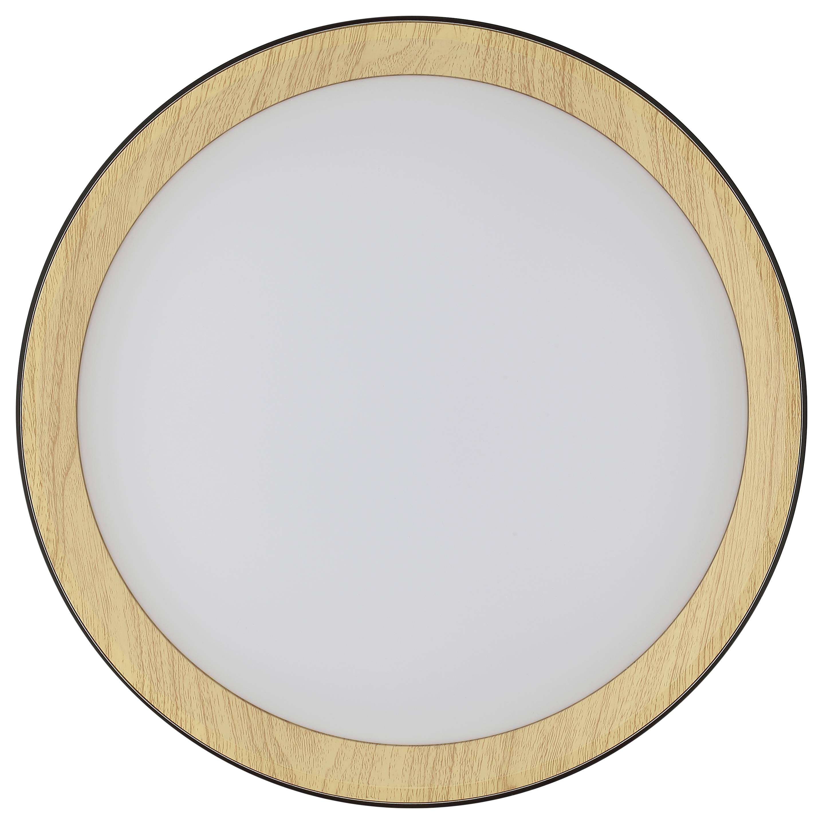 Eine runde Deckenleuchte mit Holzrahmen und weißem, opaken Zentrum, konzipiert für moderne Inneneinrichtung.