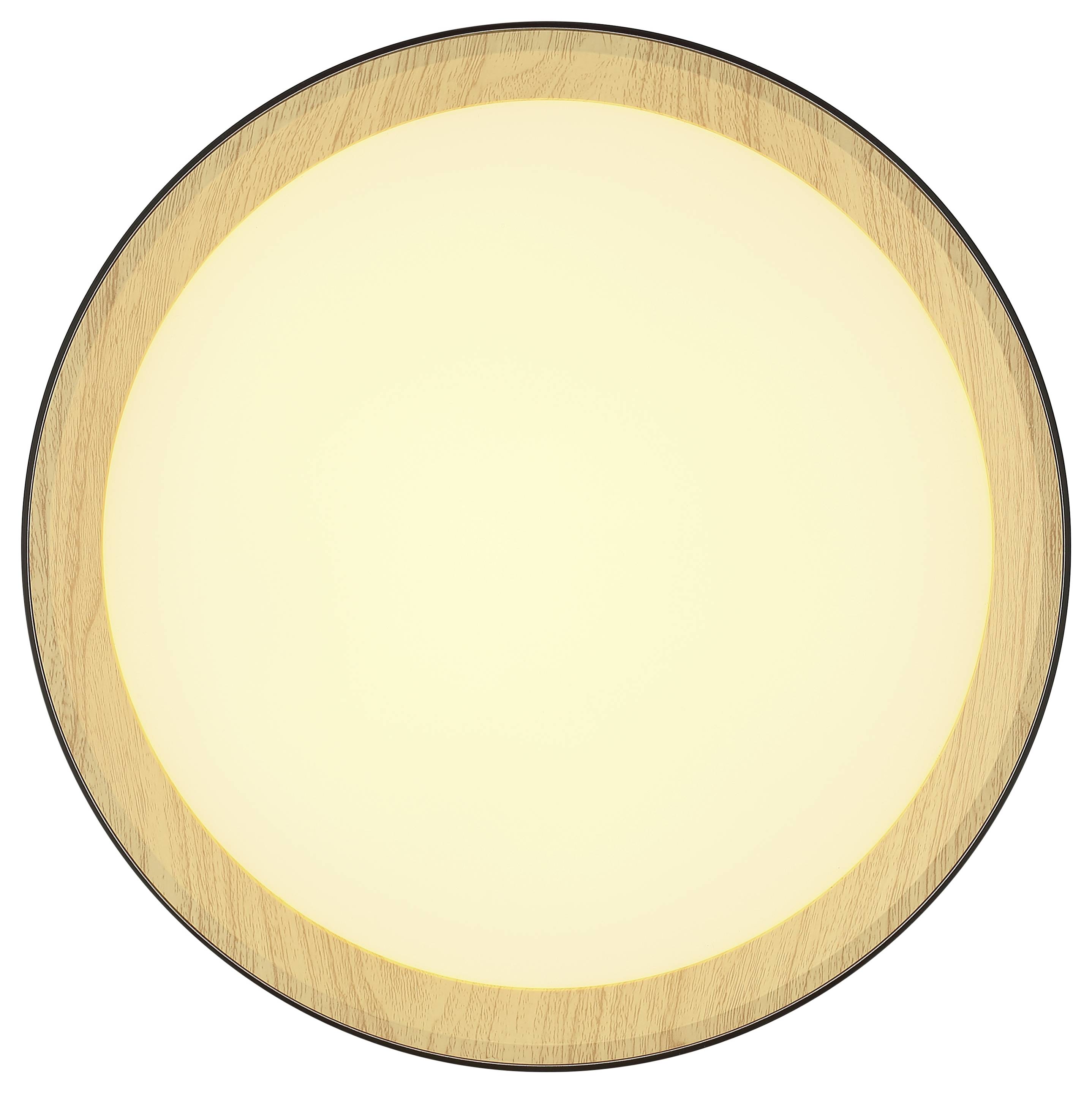 Eine kreisförmige Deckenleuchte mit einem warm leuchtenden Zentrum, umrahmt von einem Holzrahmen.