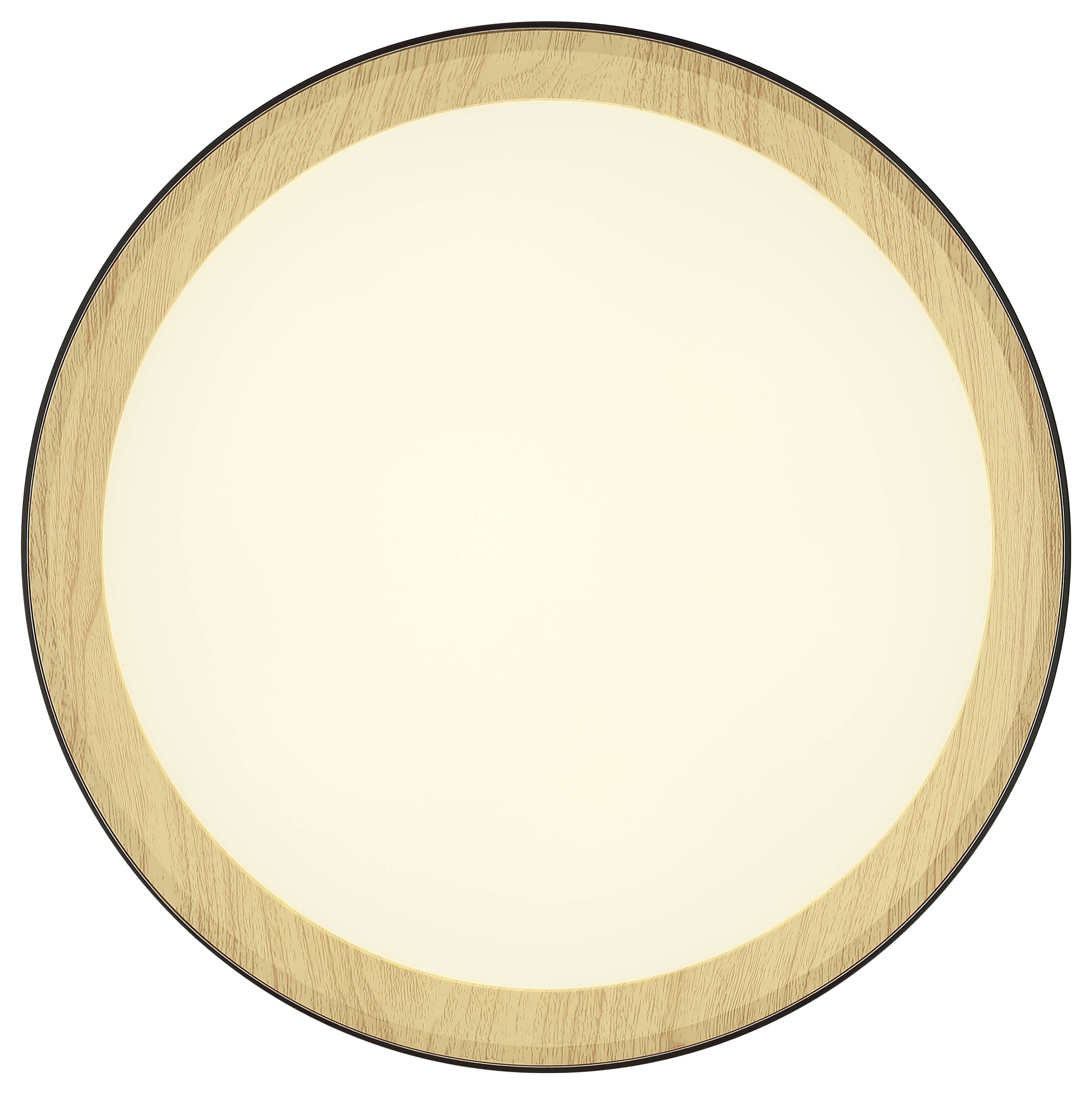 Eine runde Deckenleuchte mit einem Holzrahmen und hellweißer Beleuchtung, von unten betrachtet.