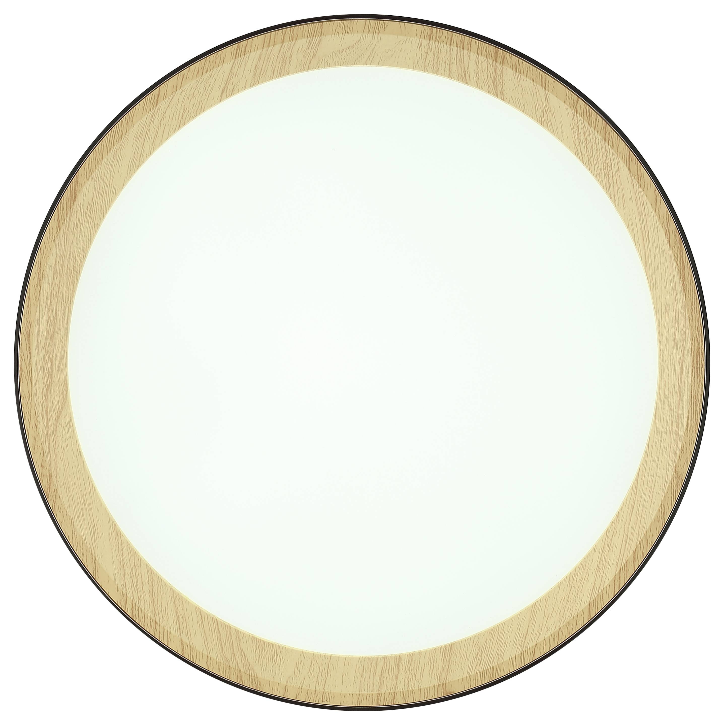 Eine runde Deckenleuchte mit einem Holzrahmen und einem weiß beleuchteten Zentrum.