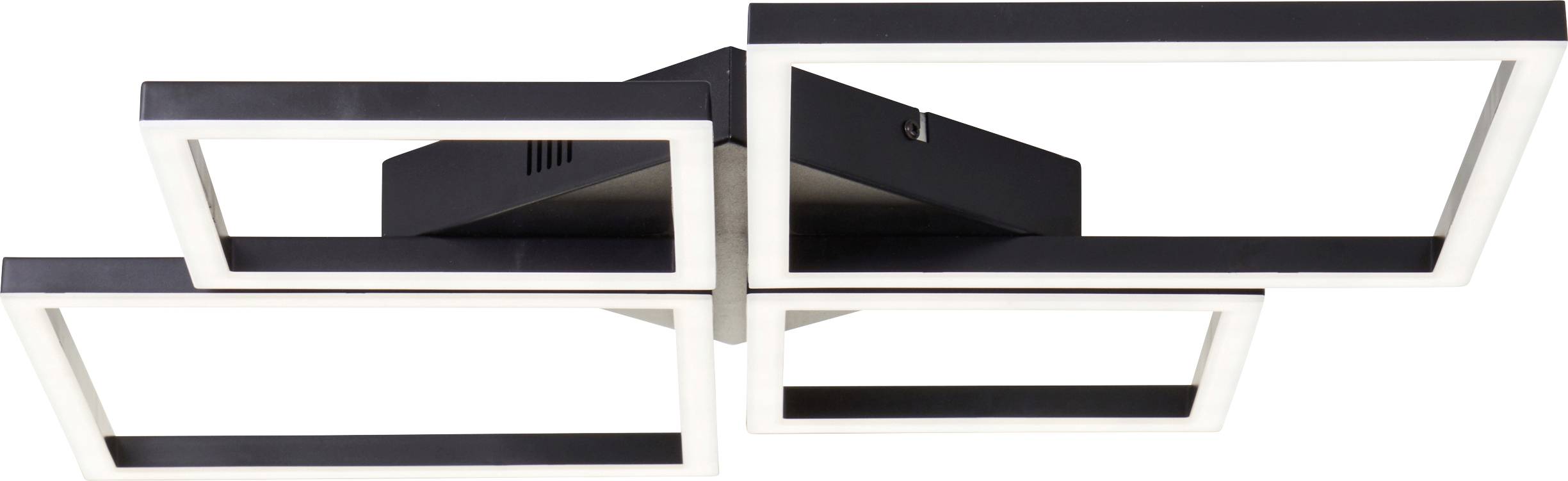 Eine geometrische Deckenleuchte mit überlappenden rechteckigen Rahmen, die ein modernes, minimalistisches Design aufweist.