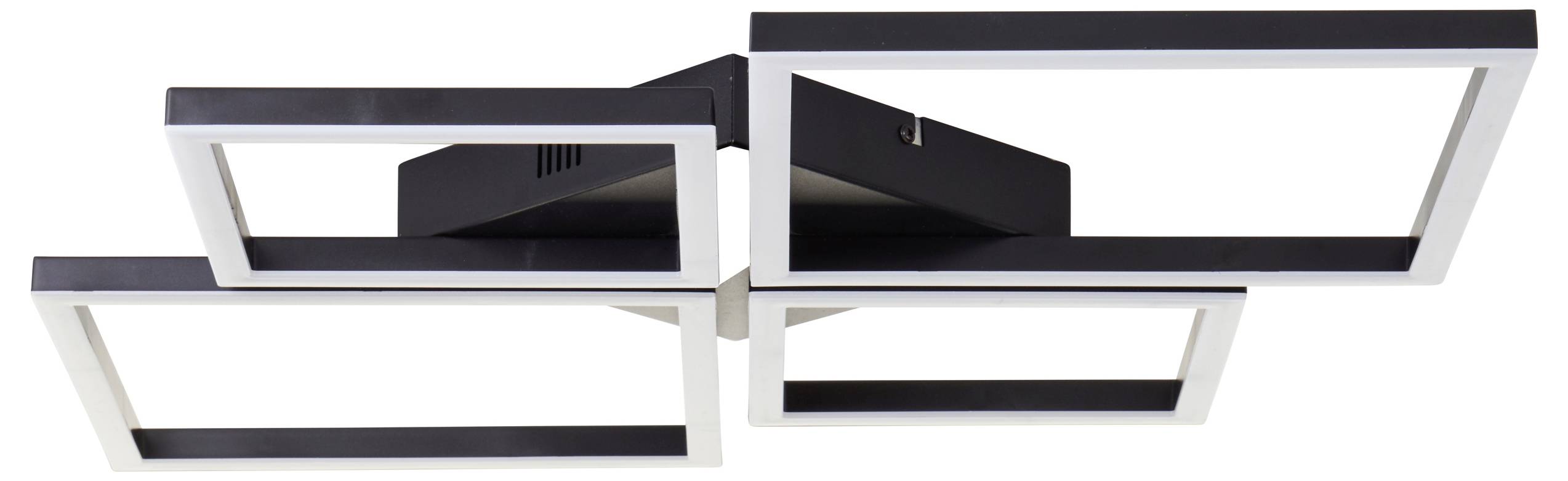 Eine moderne Deckenleuchte mit vier rechteckigen Rahmen in einem geometrischen Muster, die schwarze und weiße Akzente aufweist.