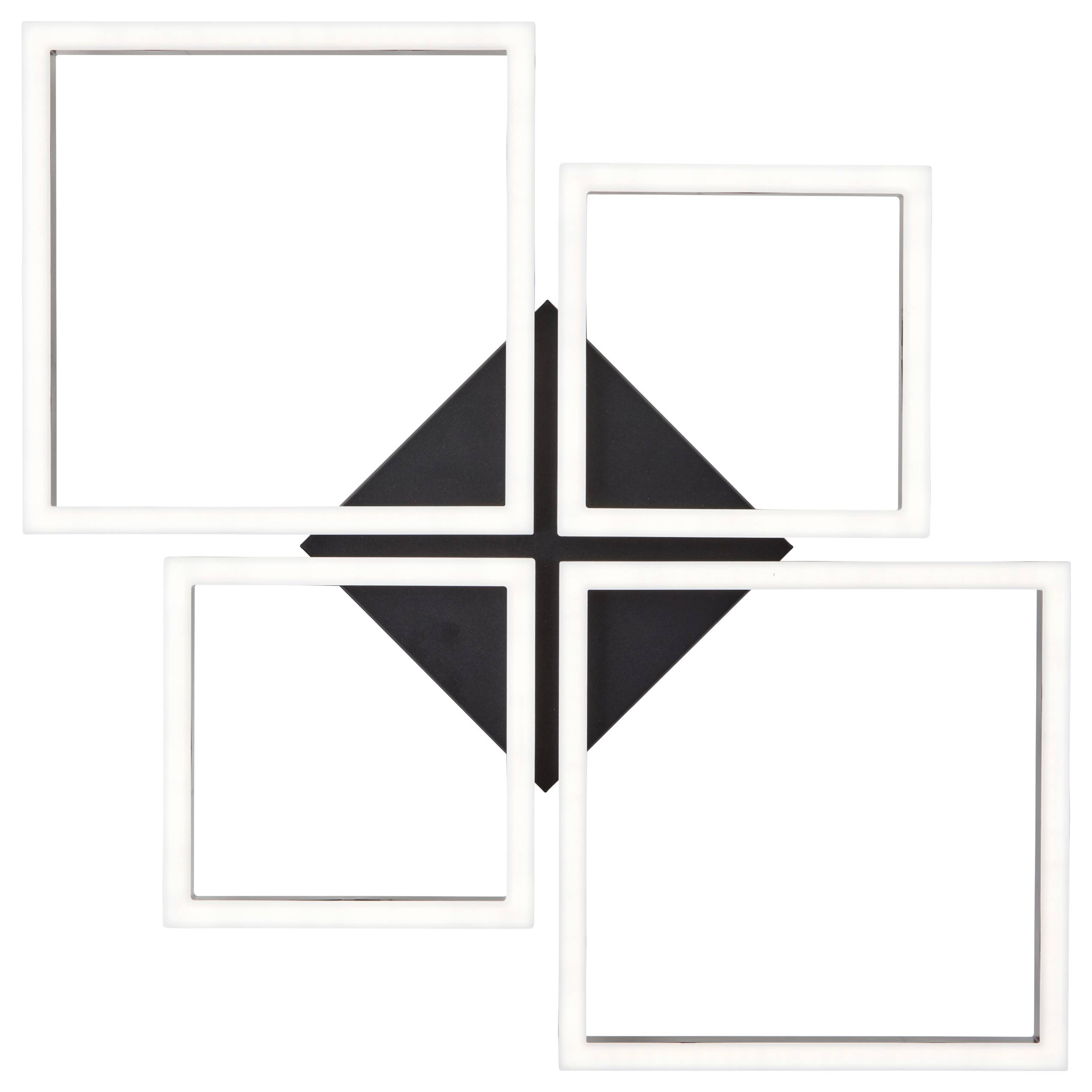 Vier weiße quadratische Rahmen, die mit den Ecken nach innen angeordnet sind und auf einem schwarzen Hintergrund eine Raute in der Mitte bilden.