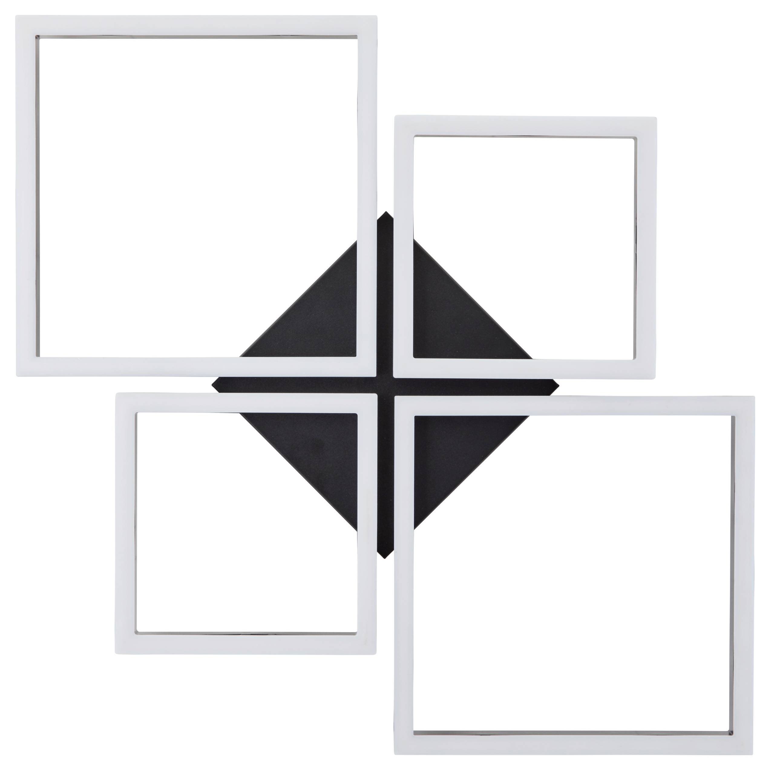 Vier weiße quadratische Rahmen, die um eine zentrale Rautenform herum angeordnet sind und auf einem schwarzen Hintergrund ein symmetrisches, geometrisches Muster bilden.