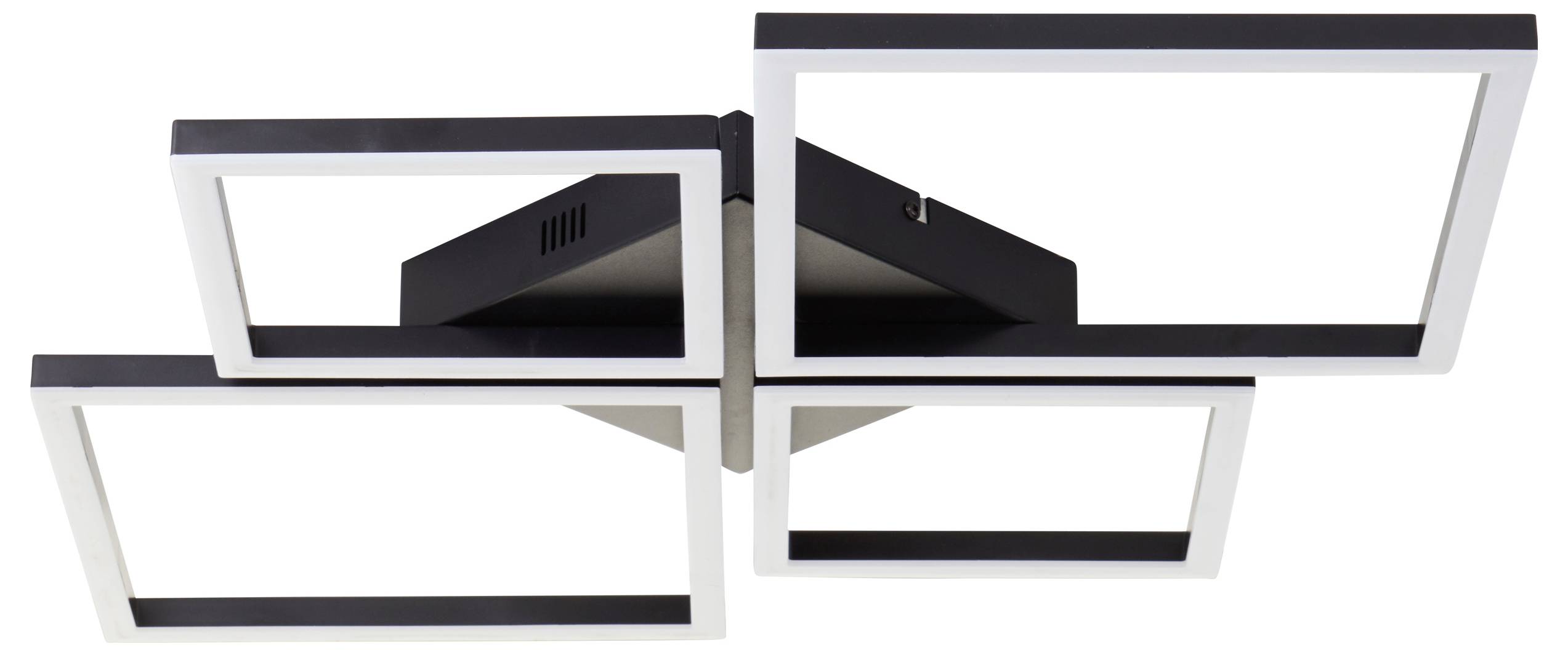 Eine moderne Deckenleuchte mit vier sich kreuzenden rechteckigen LED-Paneelen, die mit einem eleganten schwarz-weißen Finish ausgestattet ist.