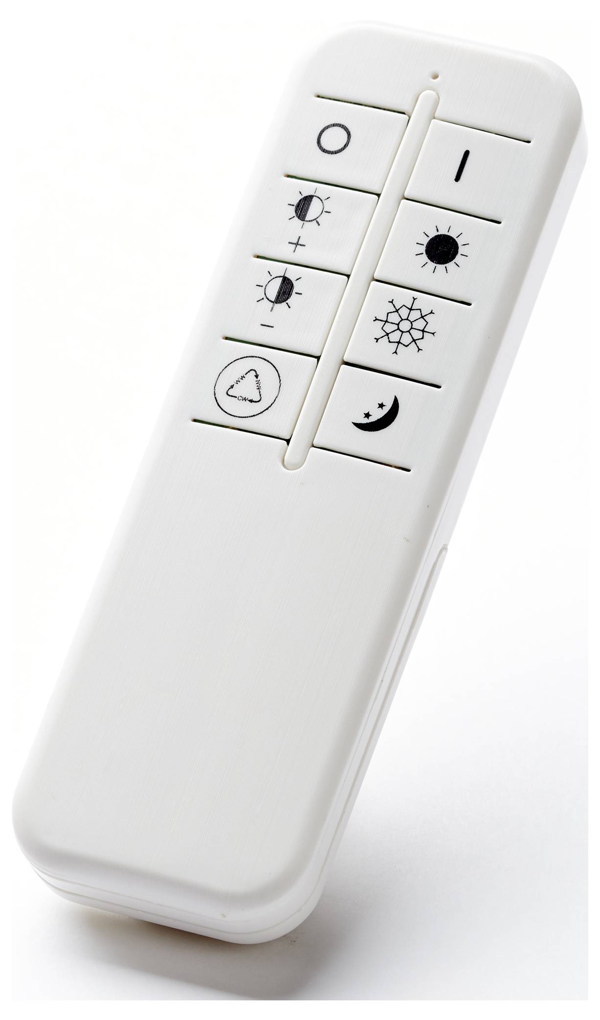 Eine weiße Fernbedienung mit Tasten, auf denen Symbole für Ein/Aus, Helligkeit, Lichtmodi und einen Timer abgebildet sind.
