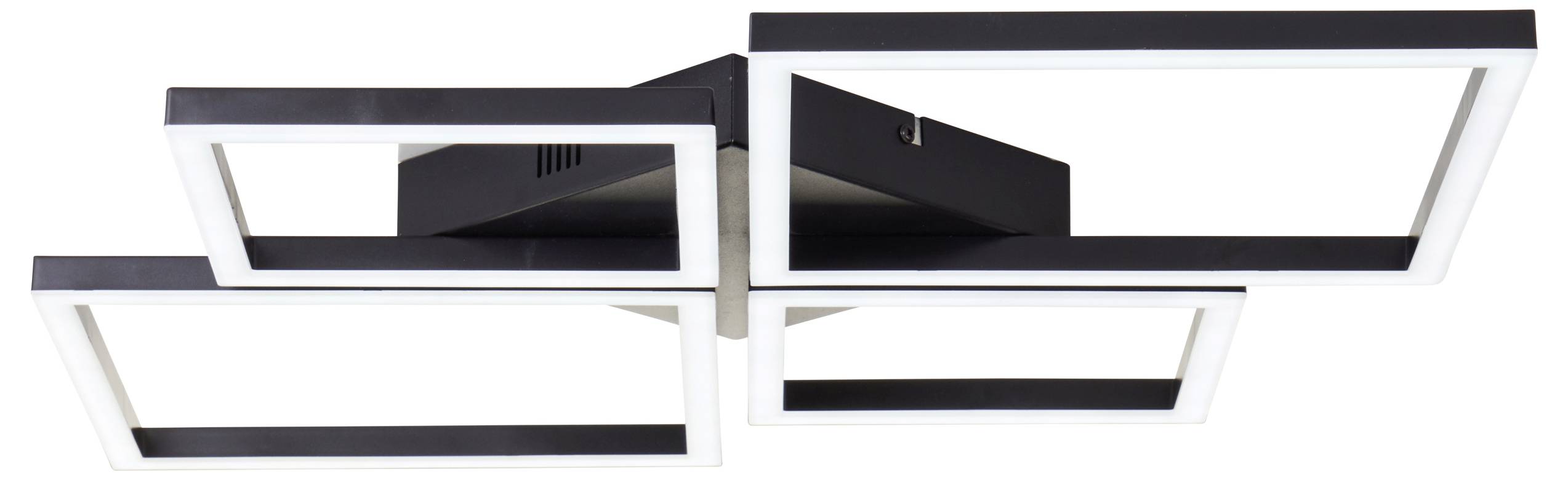 Eine moderne Deckenleuchte mit vier sich überschneidenden rechteckigen Rahmen, die ein elegantes Schwarz-Weiß-Design aufweist.