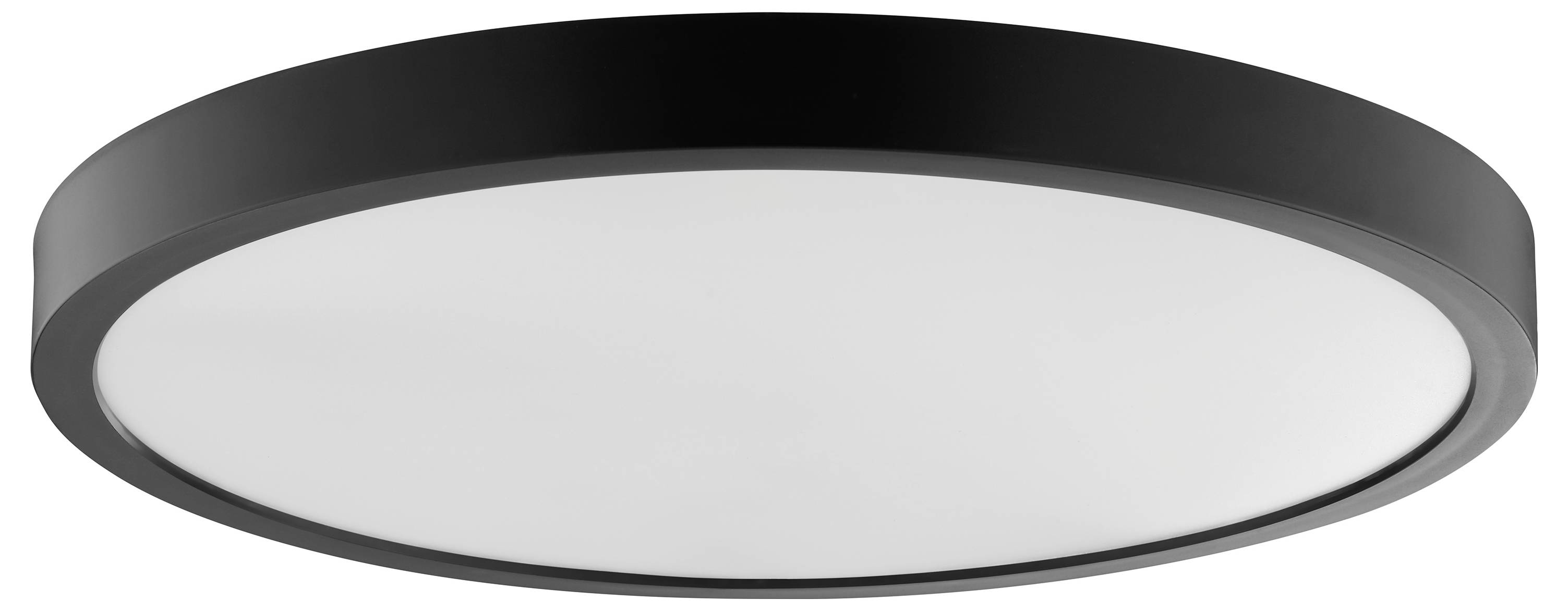 Eine runde Deckenleuchte mit schwarzem Rand und weißer Diffusoroberfläche, die darauf ausgelegt ist, eine gleichmäßige Beleuchtung zu gewährleisten.