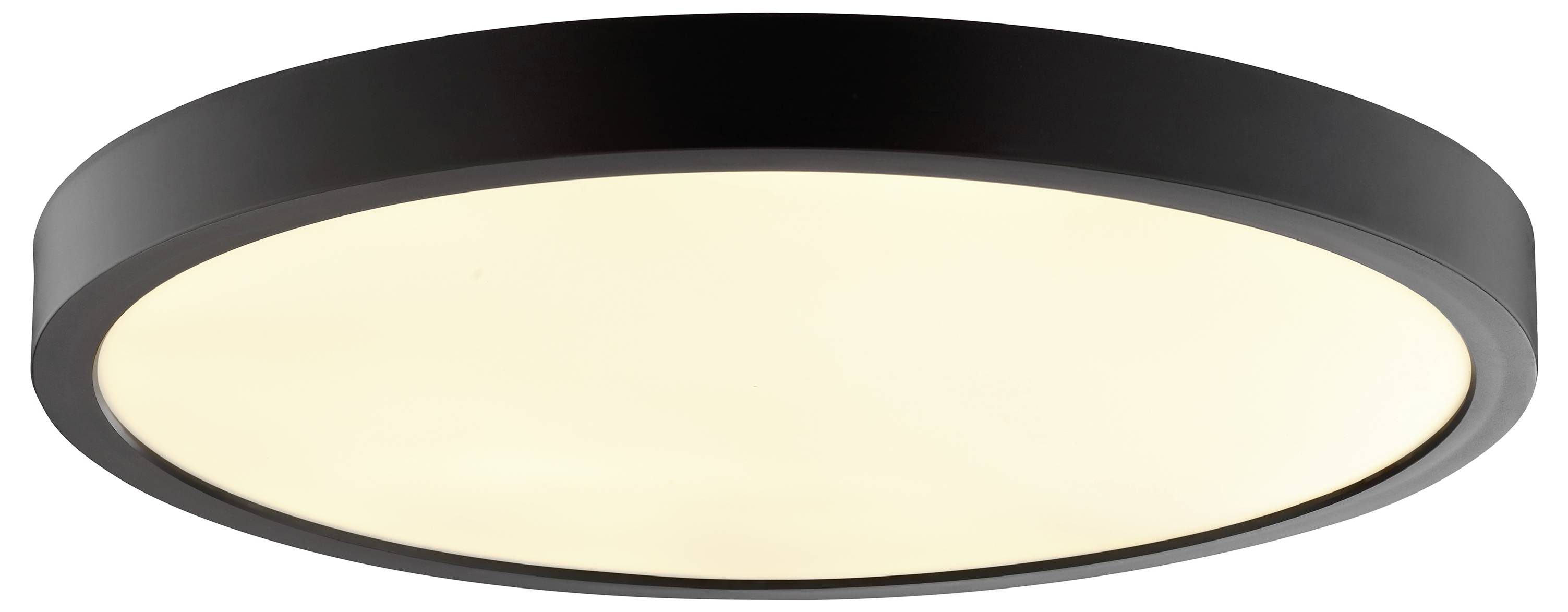 Eine runde, deckenmonierte Leuchte mit schwarzem Rahmen und weißem Diffusor, die eine gleichmäßige Beleuchtung gewährleistet.