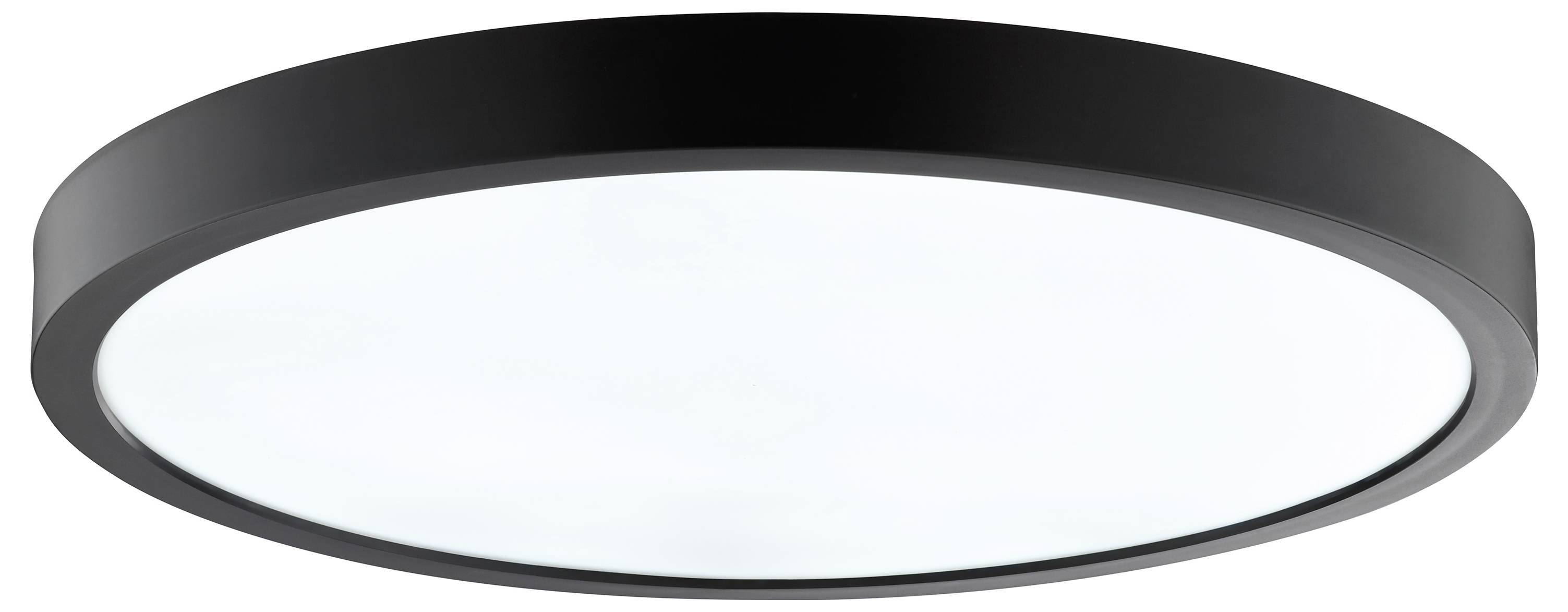 Runde Deckenleuchte mit schwarzem Rahmen und weißer, diffuser Oberfläche, geeignet für moderne Innenräume.