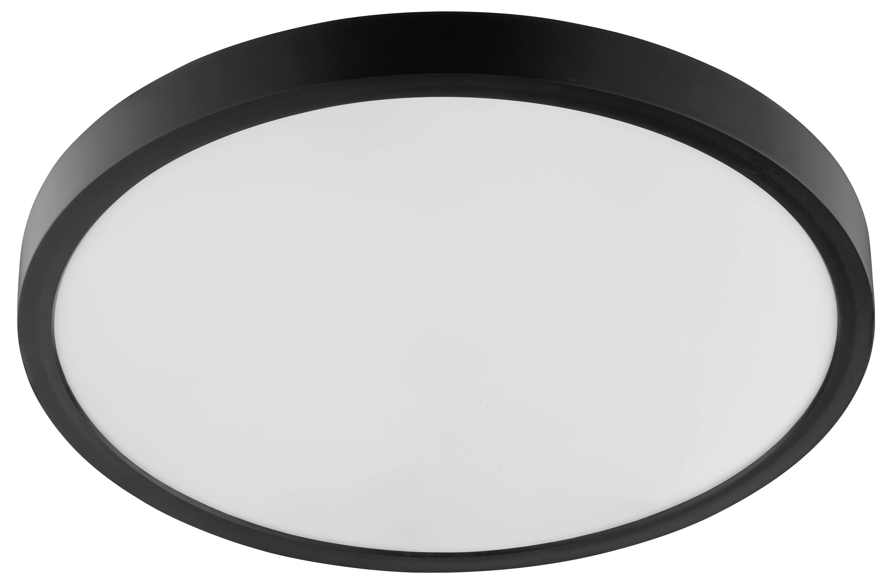 Eine runde Deckenleuchte mit schwarzem Rahmen und weißem Diffusor, konzipiert für moderne Innenbeleuchtung.