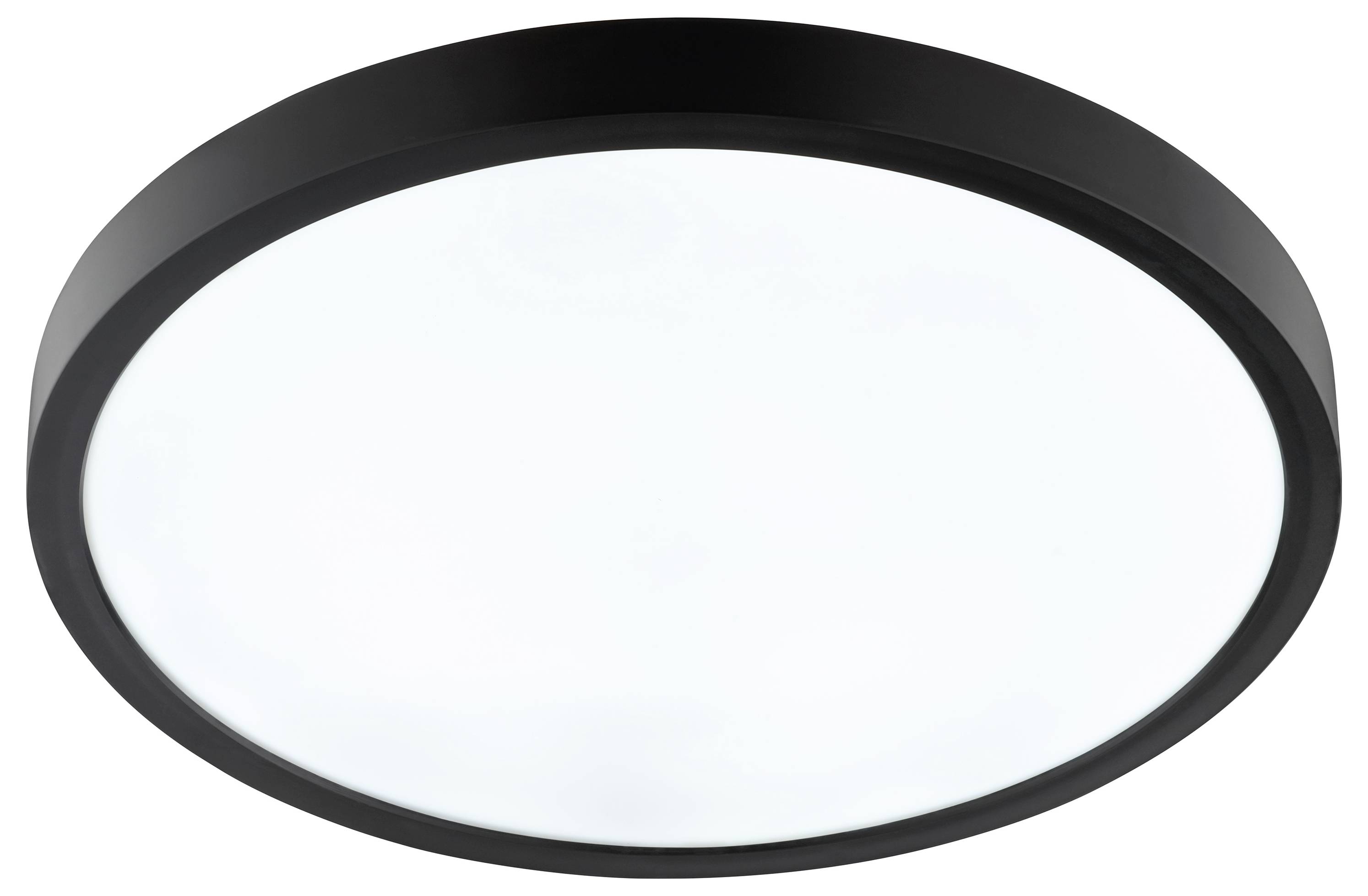 Ein moderner Deckenleuchter mit schwarzem Rand in kreisförmiger Gestalt und mattiertem Glaszentrum.