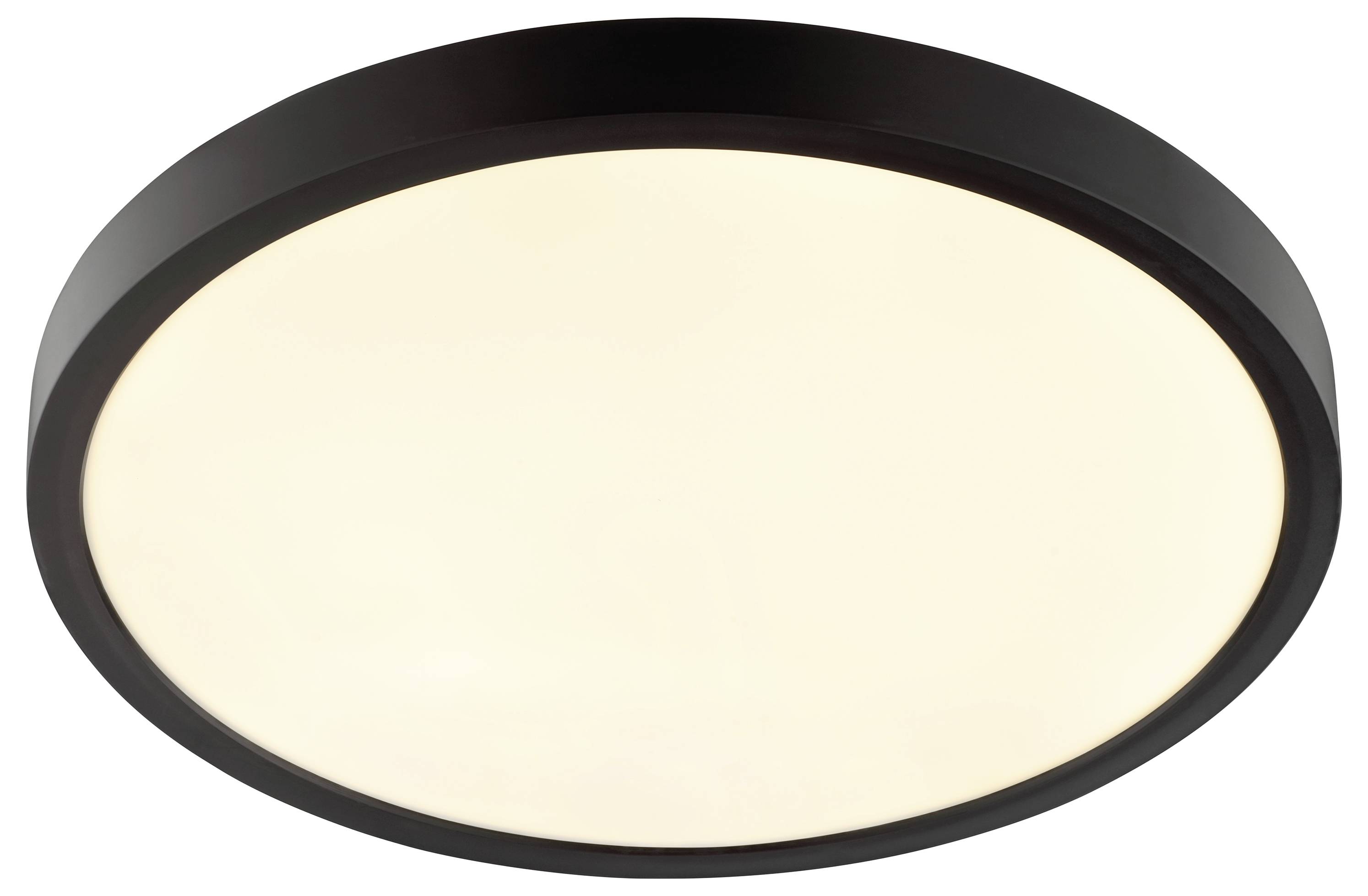 Eine runde, moderne Deckenleuchte mit schwarzem Rahmen und einem sanften, diffusen Leuchten, konzipiert für Innenbeleuchtung.