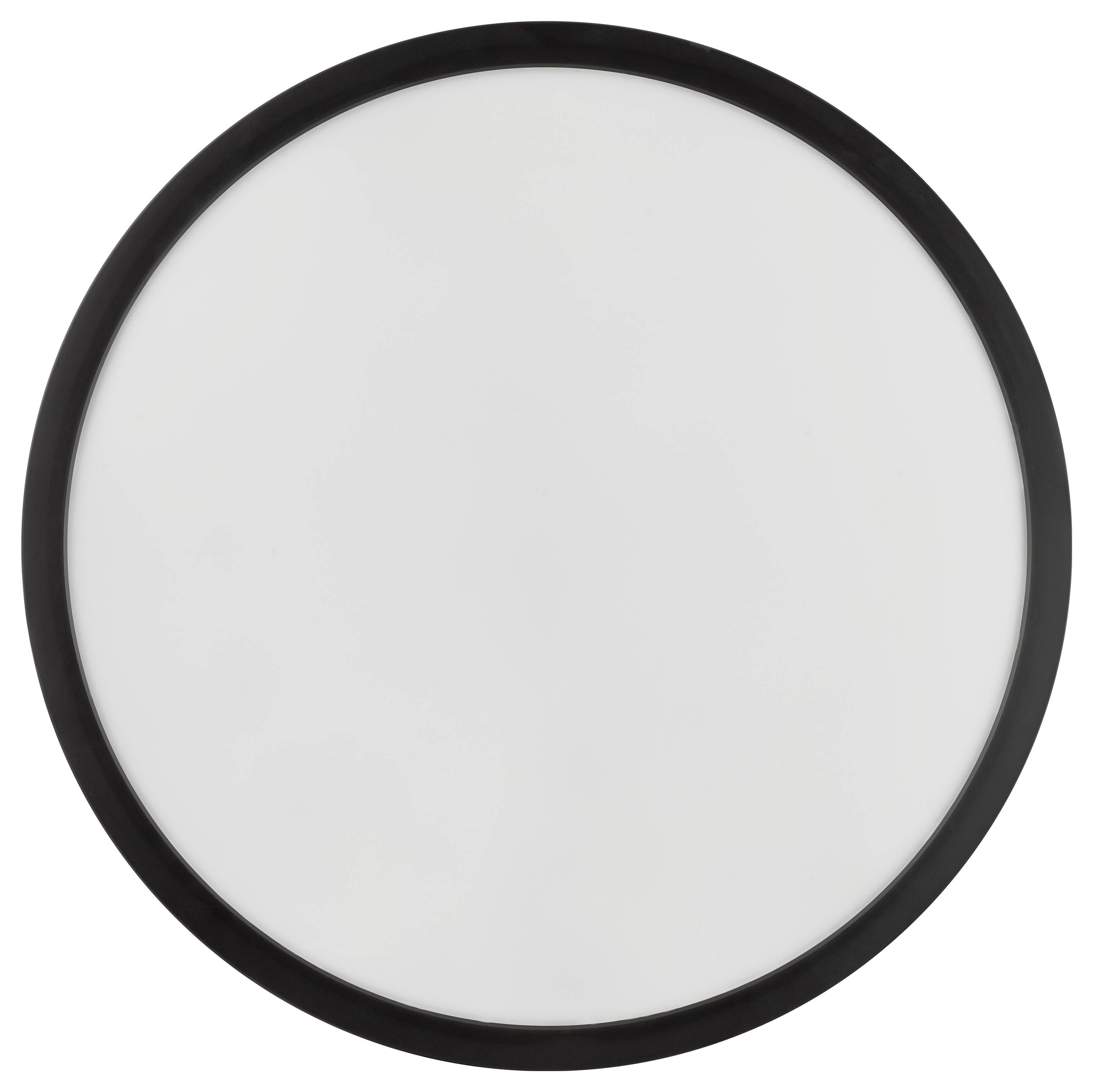 Eine runde, weiße beleuchtete Oberfläche mit einem schwarzen Rand, die einer kreisförmigen Deckenleuchte oder Lampe ähnelt.