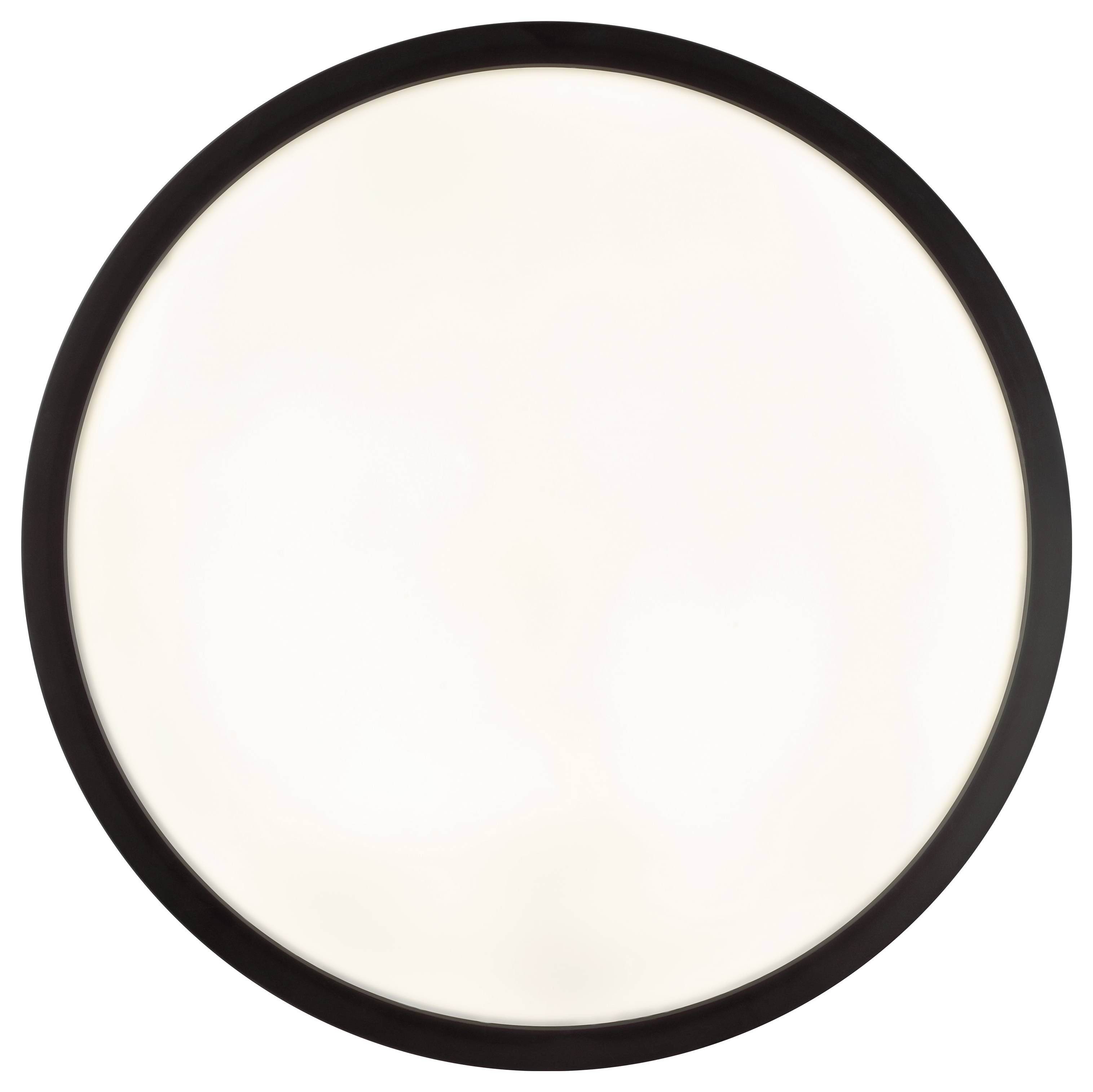 Eine runde, weiße Deckenlampe mit einem schwarzen Rand ist zu sehen, die ein weiches, gleichmäßiges Licht abstrahlt.