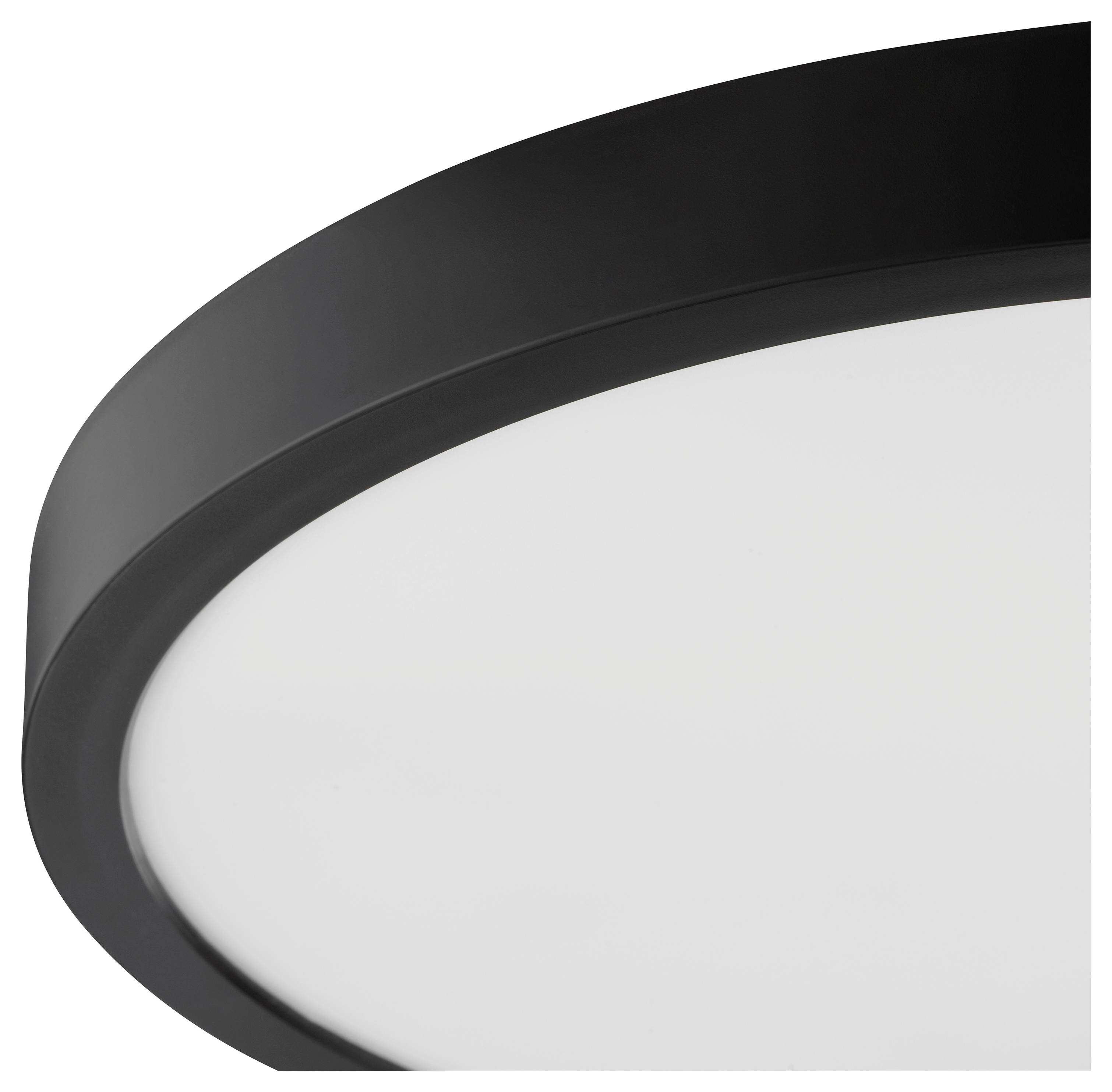 Eine Nahaufnahme einer eleganten, modernen, kreisförmigen Deckenleuchte mit einem schwarzen Rand und weißem Diffusor, die ein minimalistisches Design präsentiert.