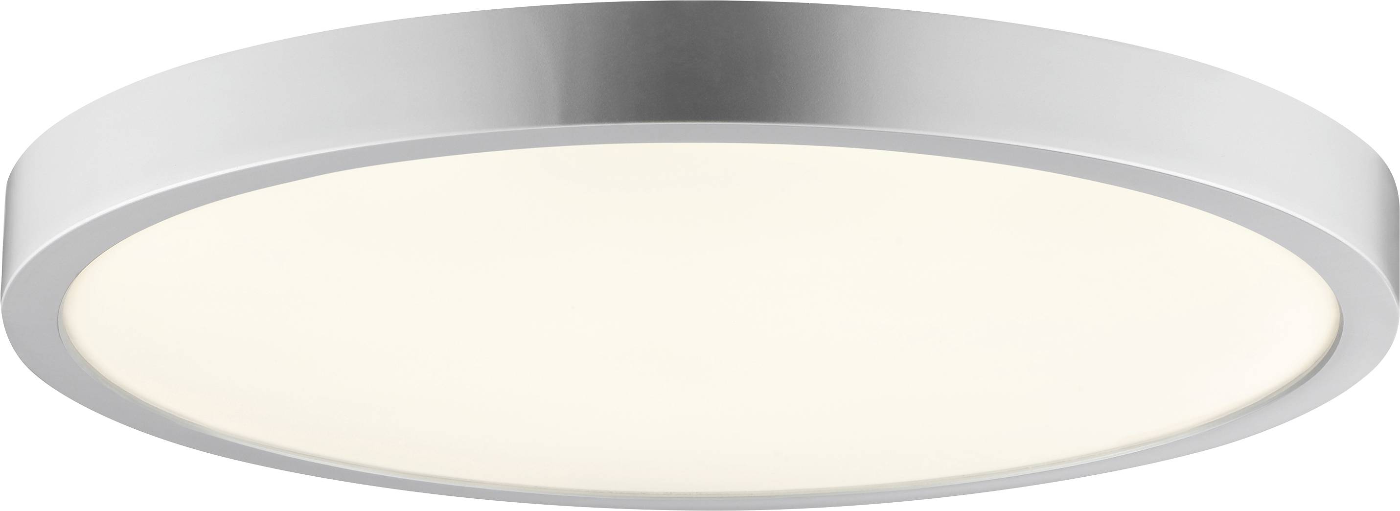 Runde, moderne Deckenleuchte mit einem glatten, silbermetallischen Rand und warmweißer Beleuchtung.