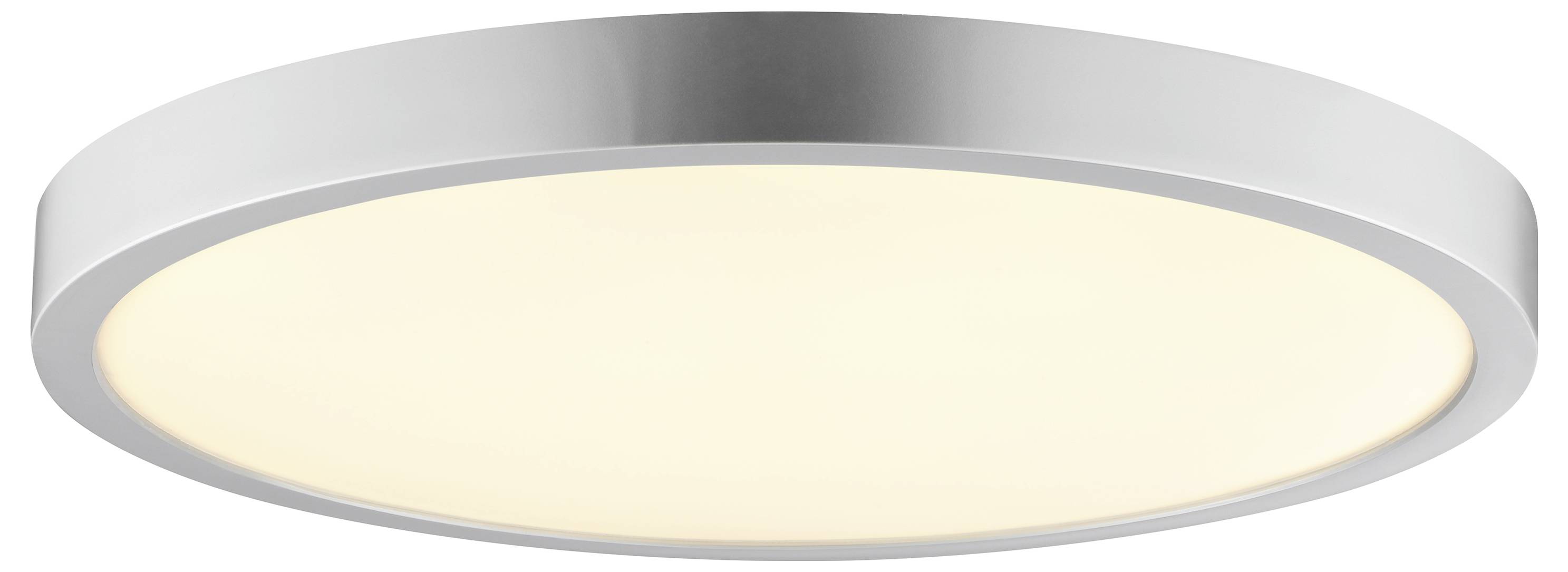 Eine runde, moderne Deckenleuchte mit metallischem Rand und einem glatten, warmweißen Diffusor.