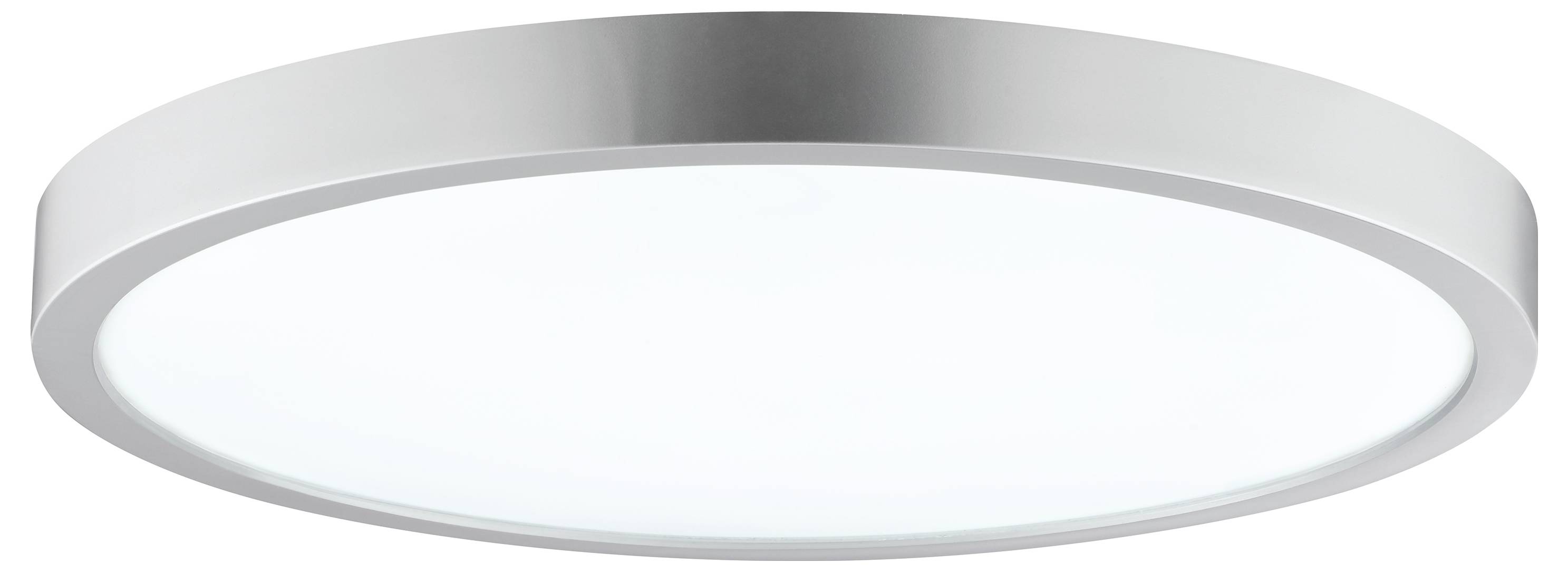 Eine runde, moderne Deckenleuchte mit einem eleganten, metallfarbenen Rand und einem flachen, matten Lichtdiffusor.