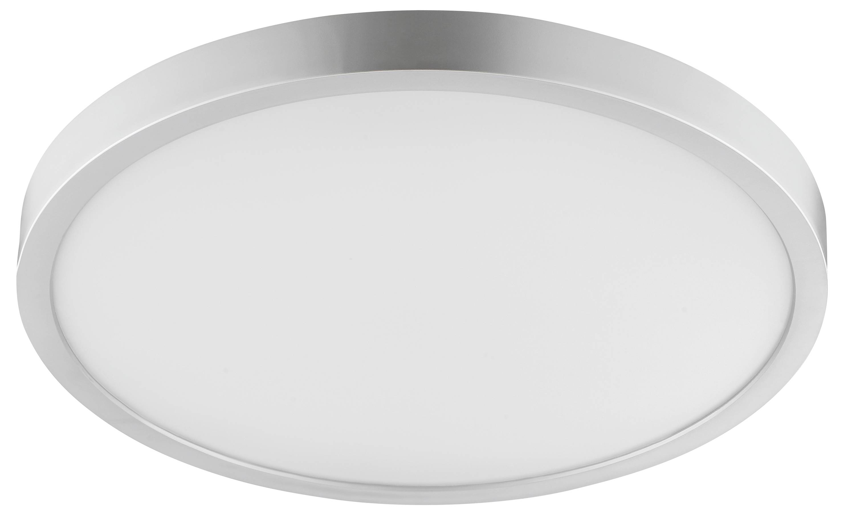 Kreisförmige LED-Deckenleuchte mit elegantem silbernem Rand, konzipiert für moderne Innenräume und zur Schaffung von Ambientelicht.