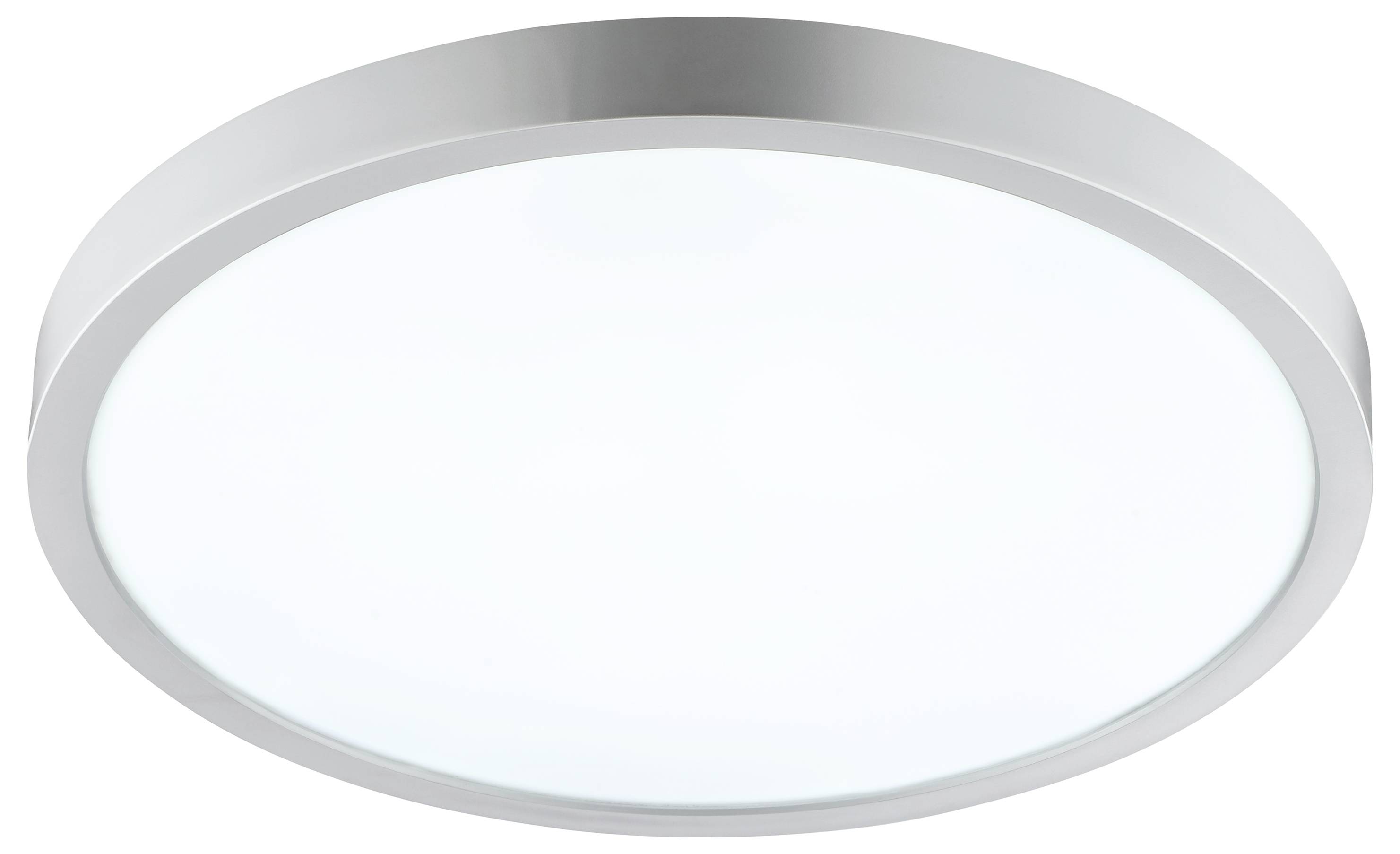 Runde, weiße Deckenleuchte mit elegantem silbernem Rahmen, konzipiert für moderne Innenräume.