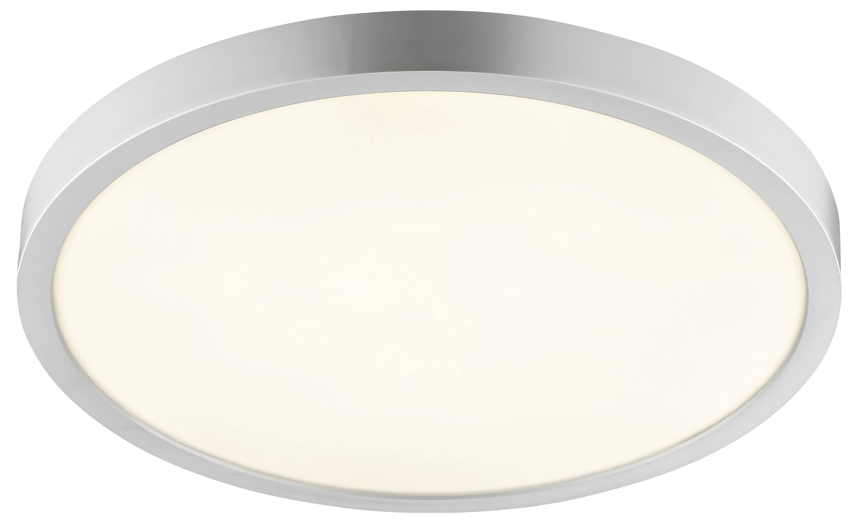 Eine runde, moderne Deckenleuchte mit einer glatten, weiß beleuchteten Oberfläche und einem dünnen Metallrand.