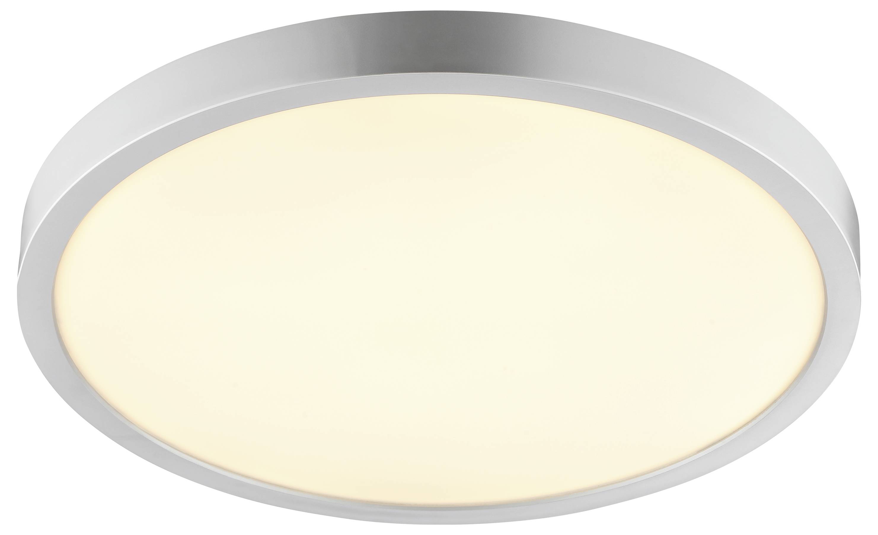 Eine runde Deckenlampe mit silbernem Rahmen und warmweißem Schein.