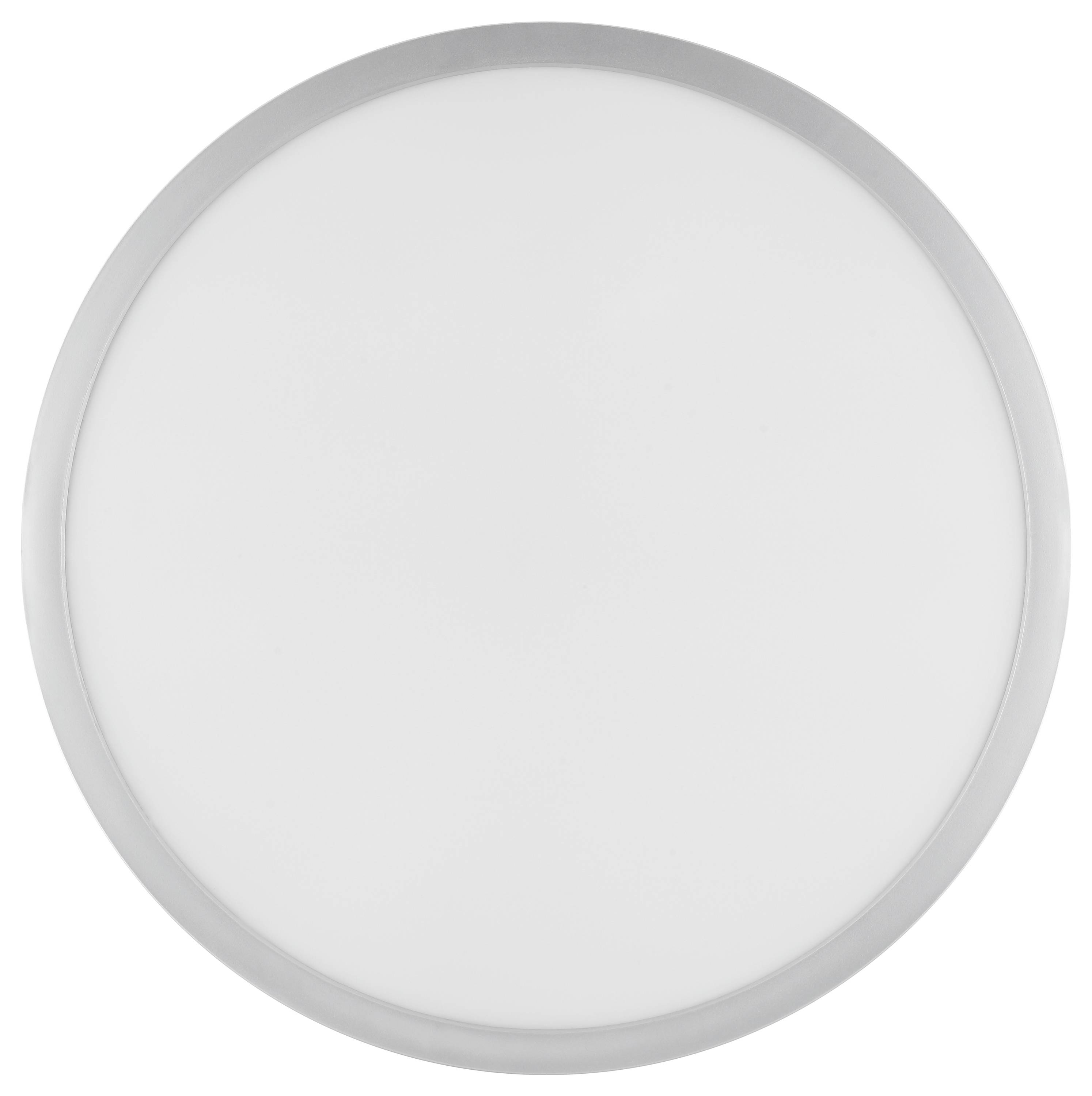Runde Deckenleuchte mit einer weißen, matten Linse und metallfarbenem Rand, konzipiert für gleichmäßige Beleuchtung und schlankes Design.