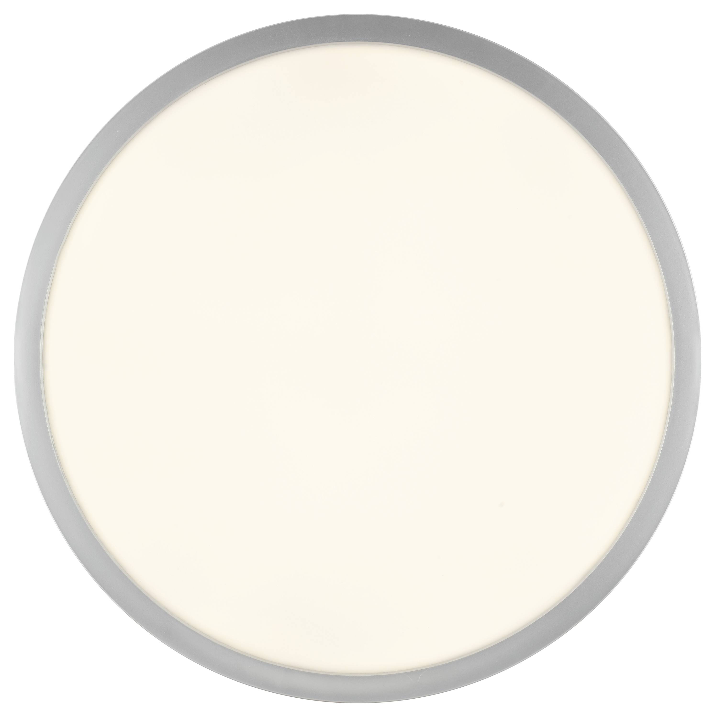 Eine runde, deckenmonierte LED-Leuchte mit silbernem Rahmen verbreitet ein weiches, weißes Leuchten.