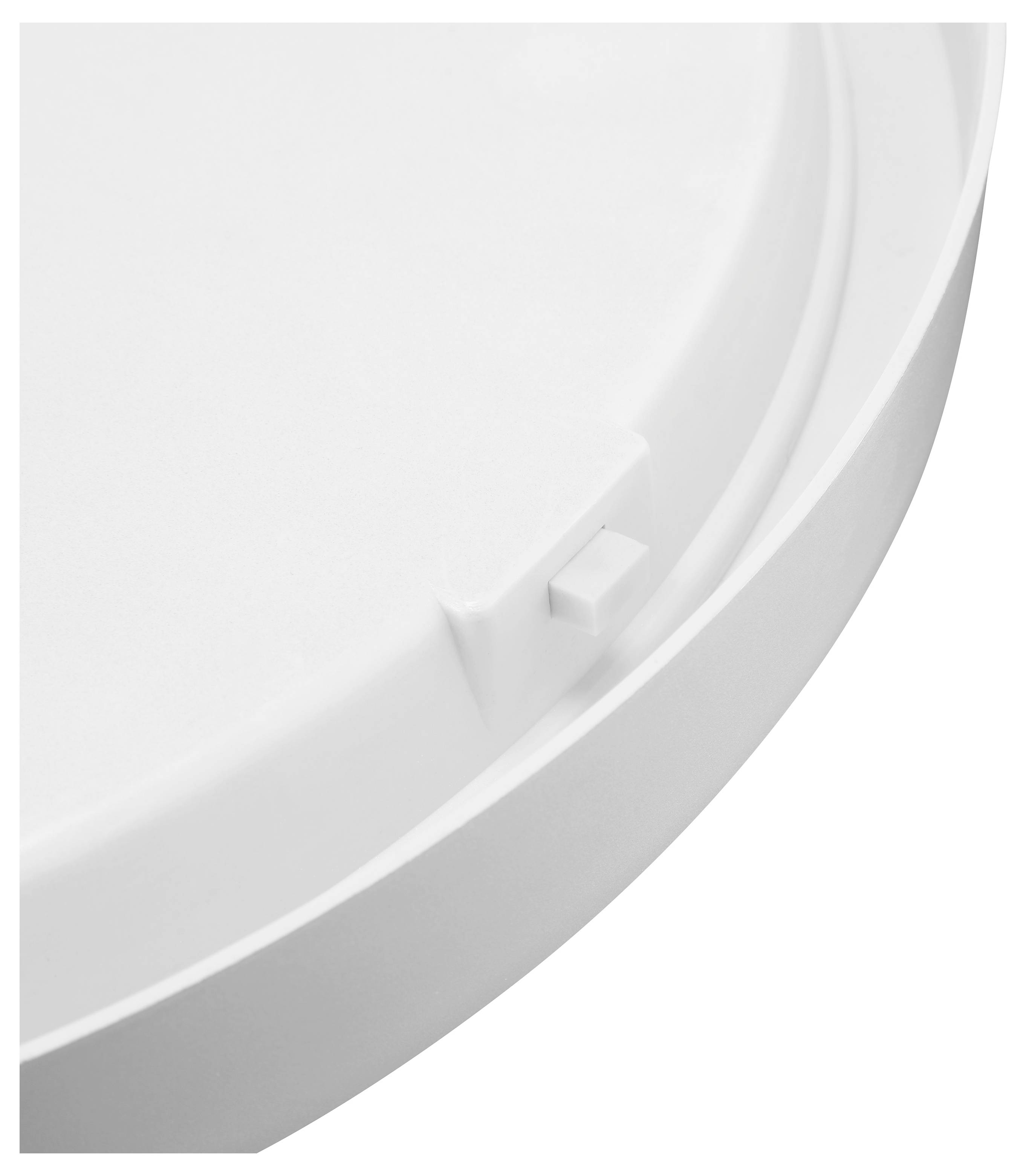 Eine Nahaufnahme eines weißen, kreisförmigen Kunststoffdeckels mit einer kleinen, erhöhten Lasche am Rand.