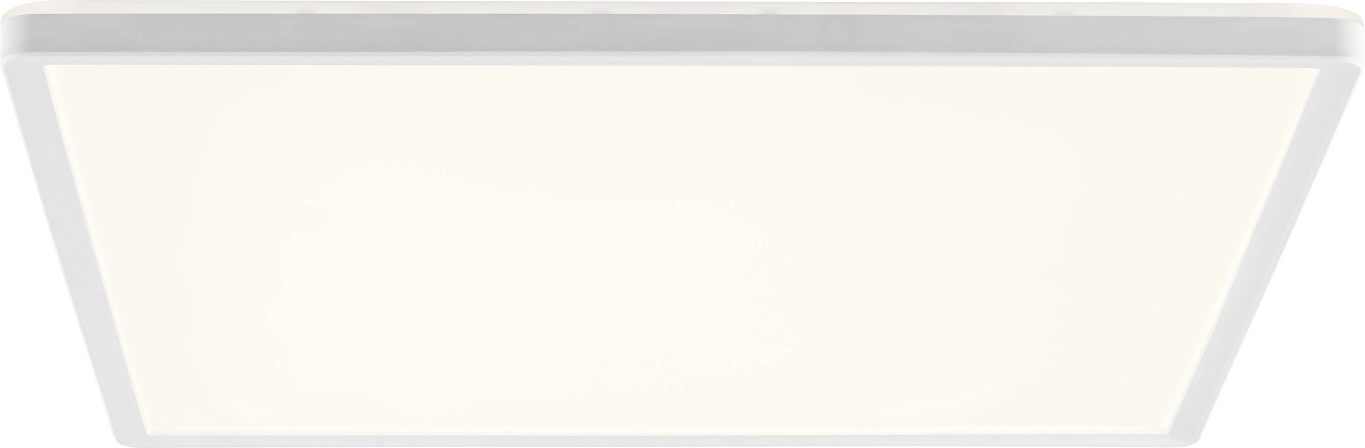 Ein rechteckiges weißes LED-Deckenleuchten-Panel, dezent beleuchtet, vor einem schlichten weißen Hintergrund.