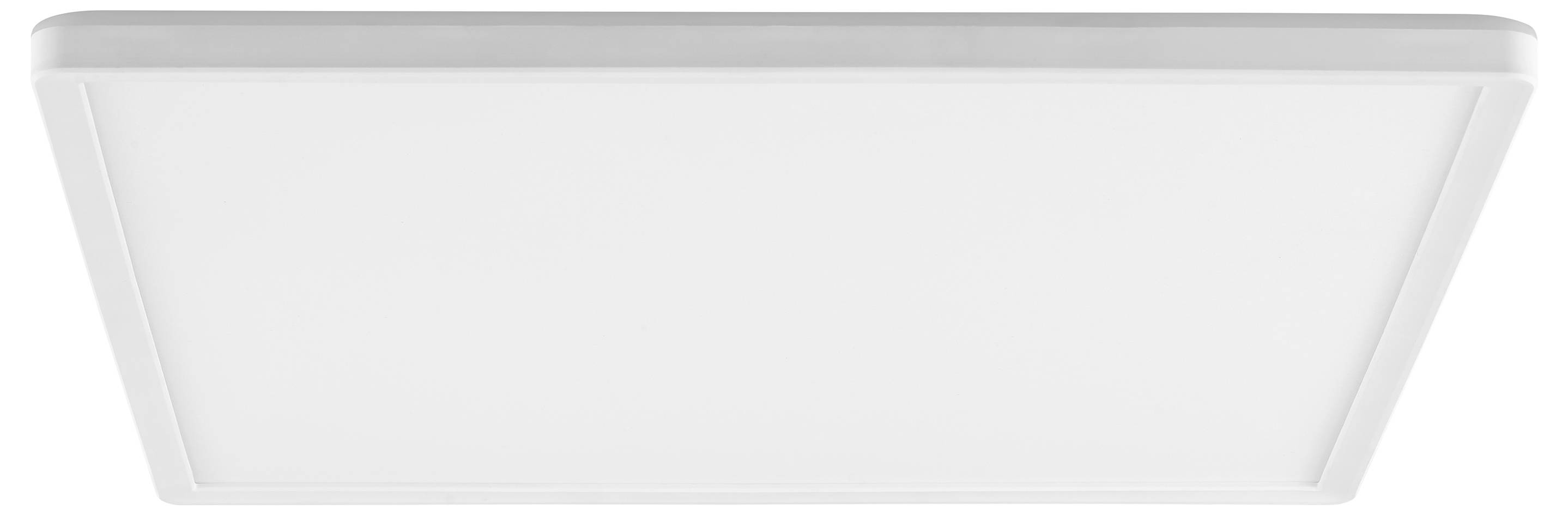 Eine quadratische weiße Deckenleuchte aus Lichtpanel, gleichmäßig beleuchtet, die ein modernes minimalistisches Design für Ambientebeleuchtung in Wohn- oder Büroräumen bietet.