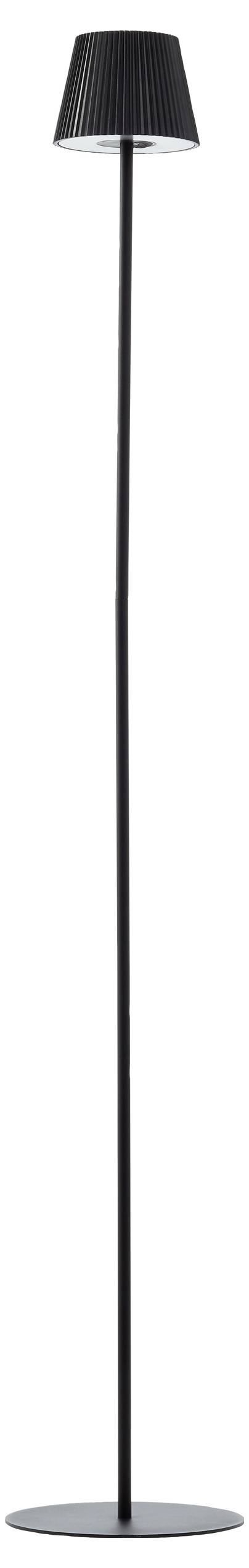 Eine hohe, schlanke schwarze Stehlampe mit einem runden Sockel und einem schmalen, leicht geneigten Lampenschirm.