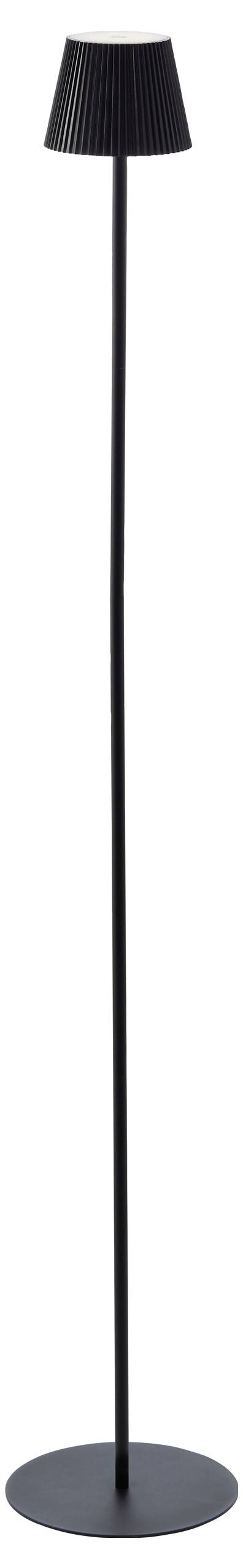 Eine hohe, schlanke schwarze Stehlampe mit einem schmalen Schaft und einem konischen Lampenschirm, konzipiert für moderne Einrichtung.