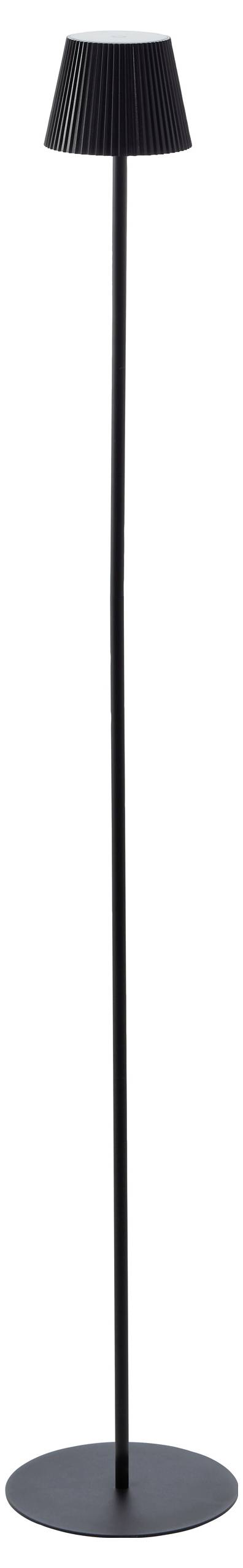 Eine hohe, schlanke, schwarze Stehlampe mit einem plissierten Lampenschirm, die aufrecht auf einer runden Basis steht.
