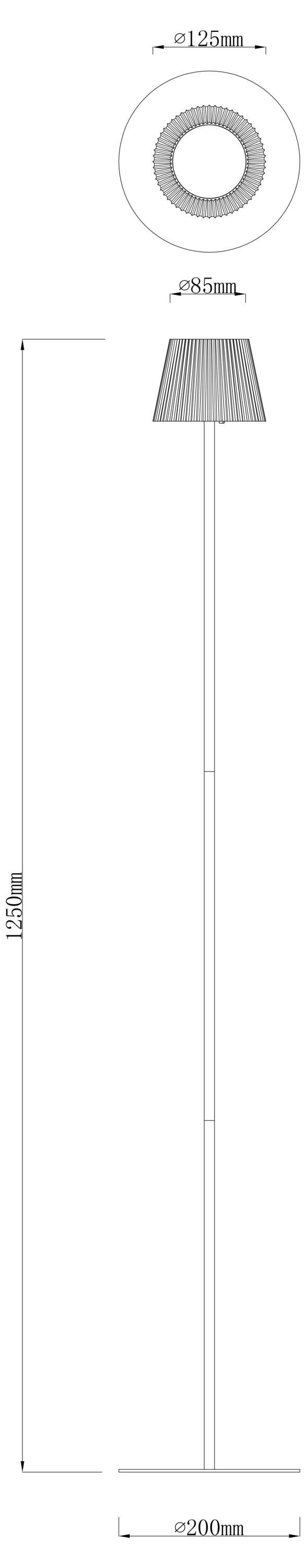 Diagramm einer Stehlampe: Draufsicht zeigt eine kreisförmige Basis von 125 mm Durchmesser. Seitenansicht zeigt eine schmale, vertikale Lampe mit einer 200 mm breiten Basis und 125 mm Höhe.