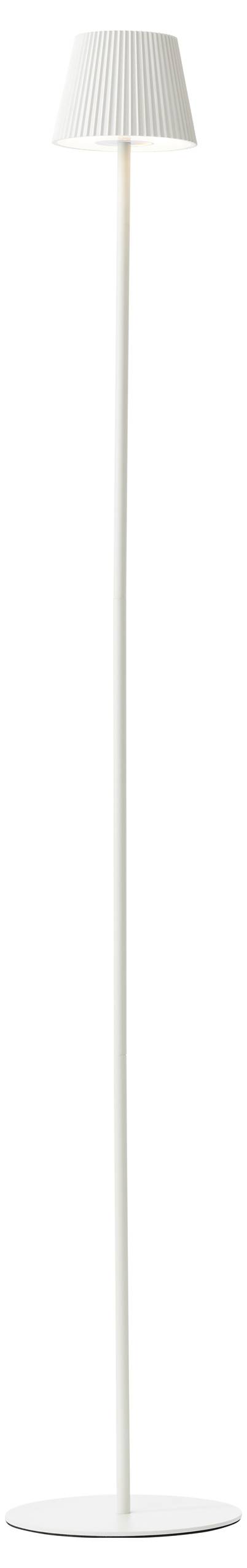 Eine hohe, schlanke weiße Stehlampe mit rundem Fuß und konischem Lampenschirm, konzipiert für moderne minimalistische Inneneinrichtung.