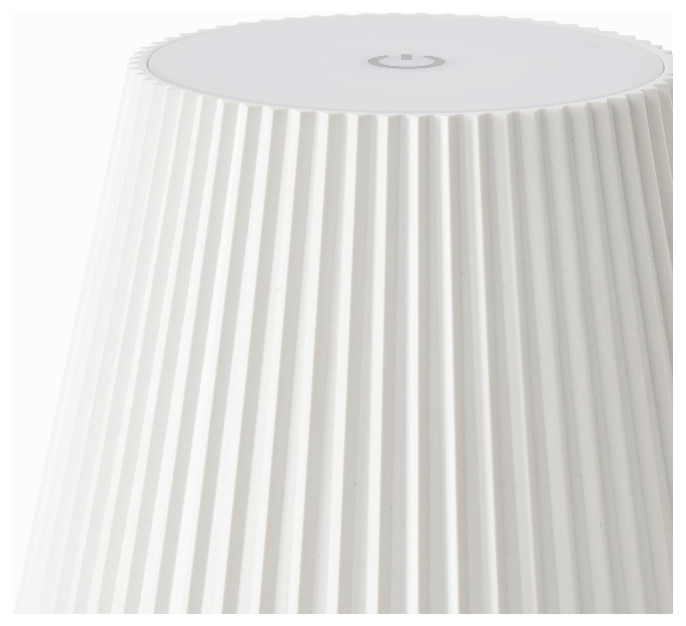 Ein weißer, gerippter Lampenschirm aus der Draufsicht, mit einem kreisförmigenPower-Button-Symbol auf der Oberseite, das seine Funktionalität anzeigt.