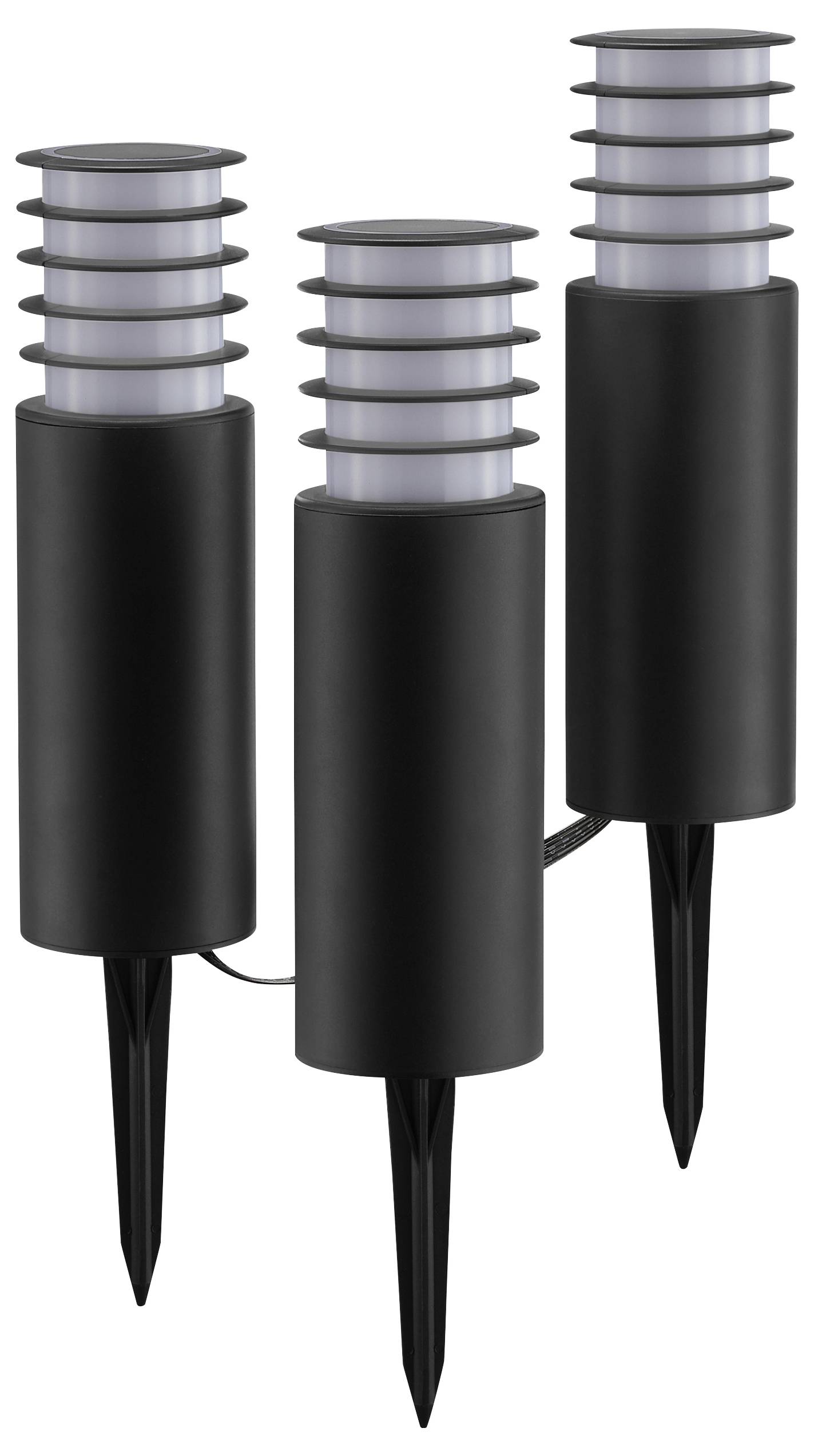 Drei schwarze Außen-Spikelampen mit zylindrischen Gehäusen und horizontalen gerippten Diffusoren, konzipiert für Garten- oder Wegebeleuchtung.